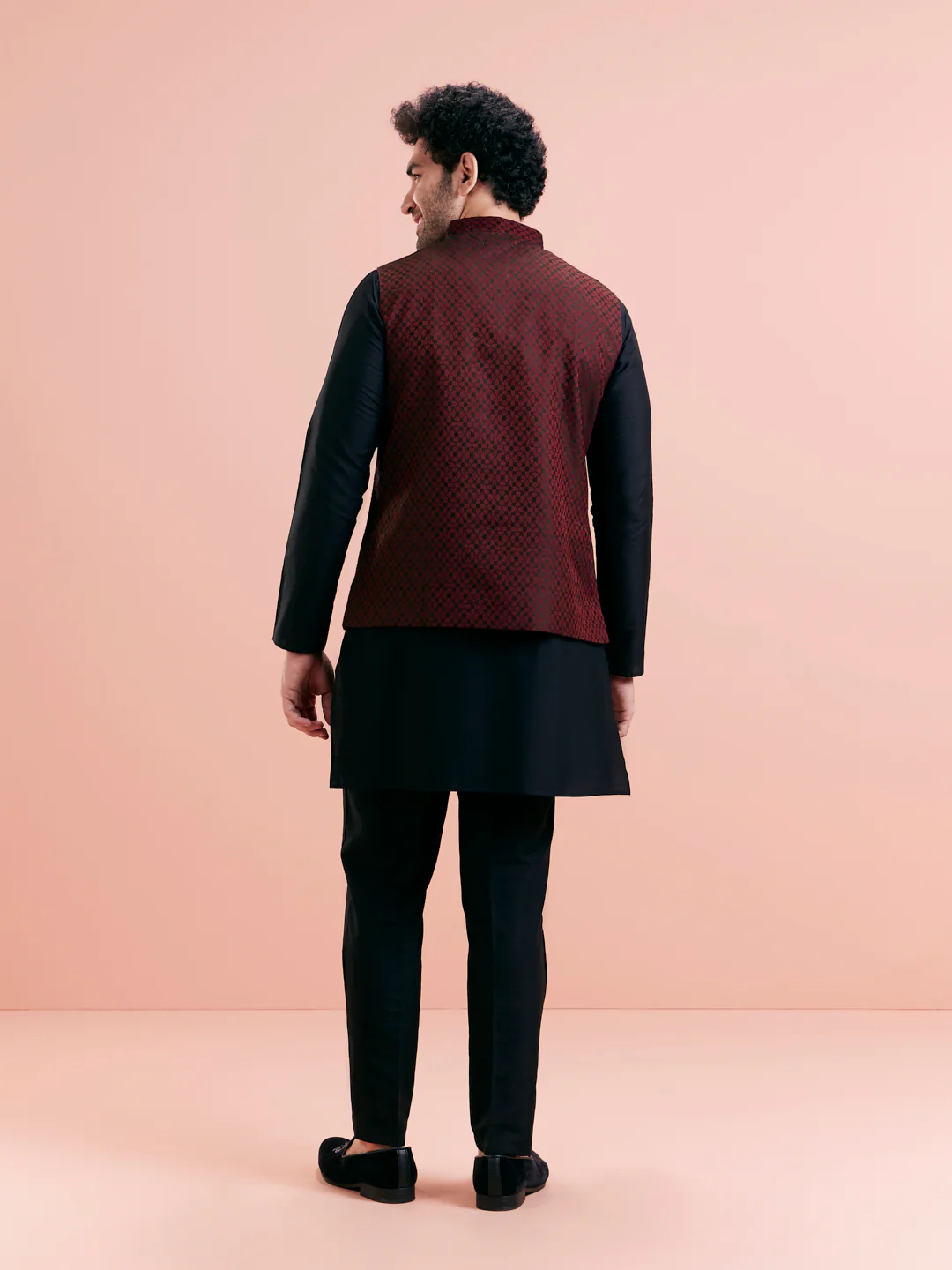 Maroon Silk Blend Jacquard Nehru Jacket - Image 4
