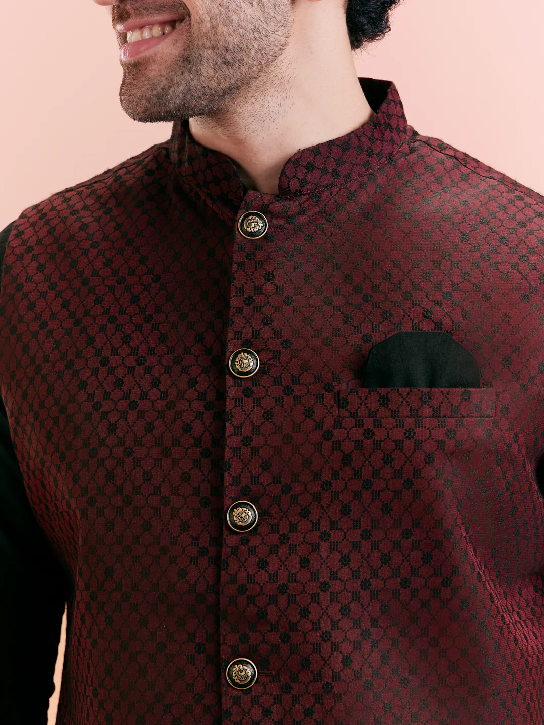 Maroon Silk Blend Jacquard Nehru Jacket - Image 5