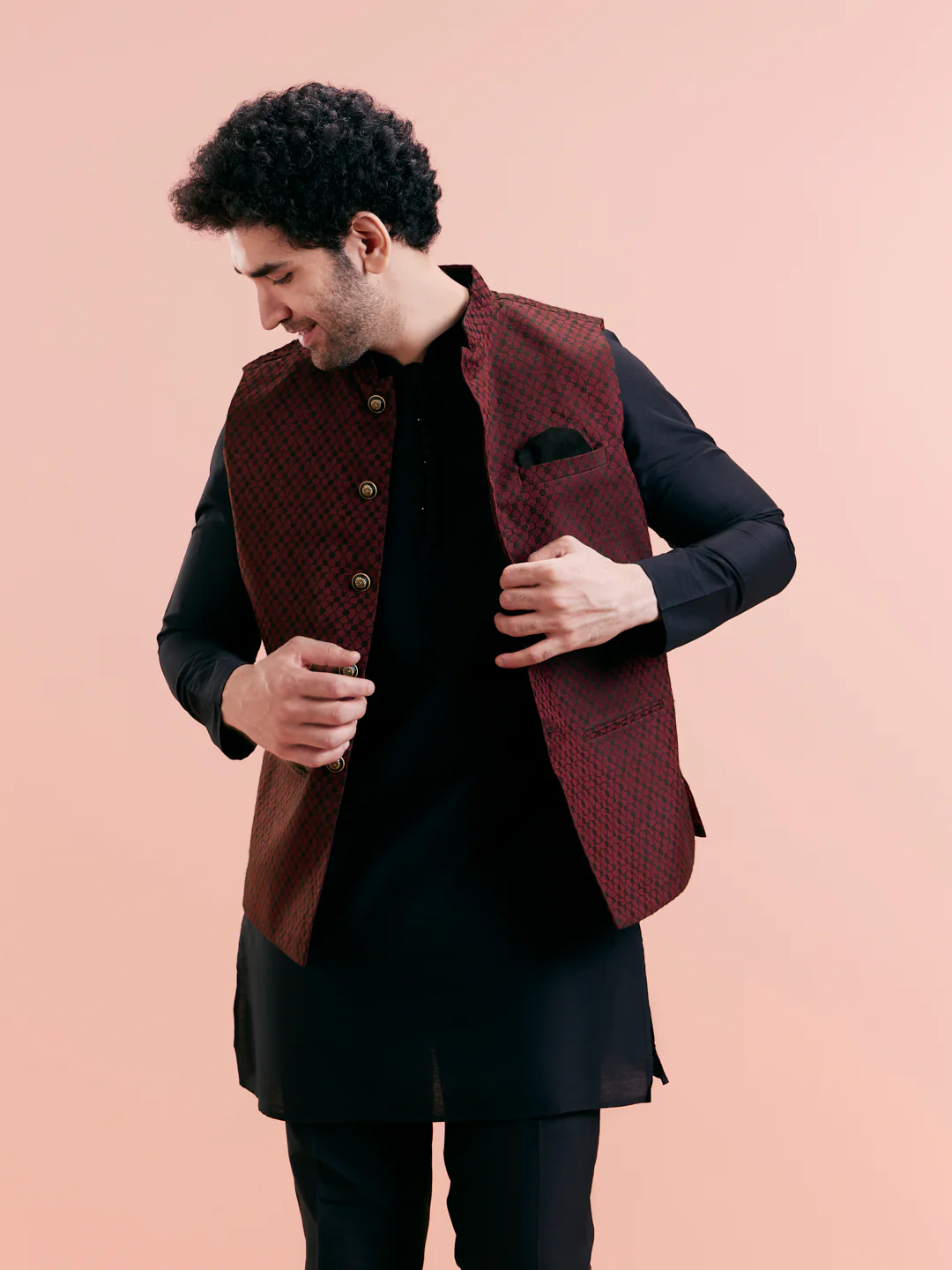 Maroon Silk Blend Jacquard Nehru Jacket - Image 8