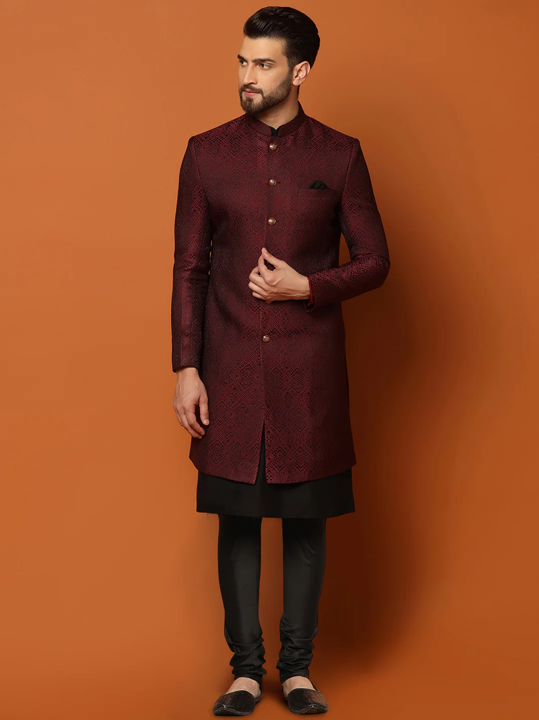 Maroon Jacquard Indo-Western Sherwani Set with Black Kurta & Churidar – Classic Wedding Outfit