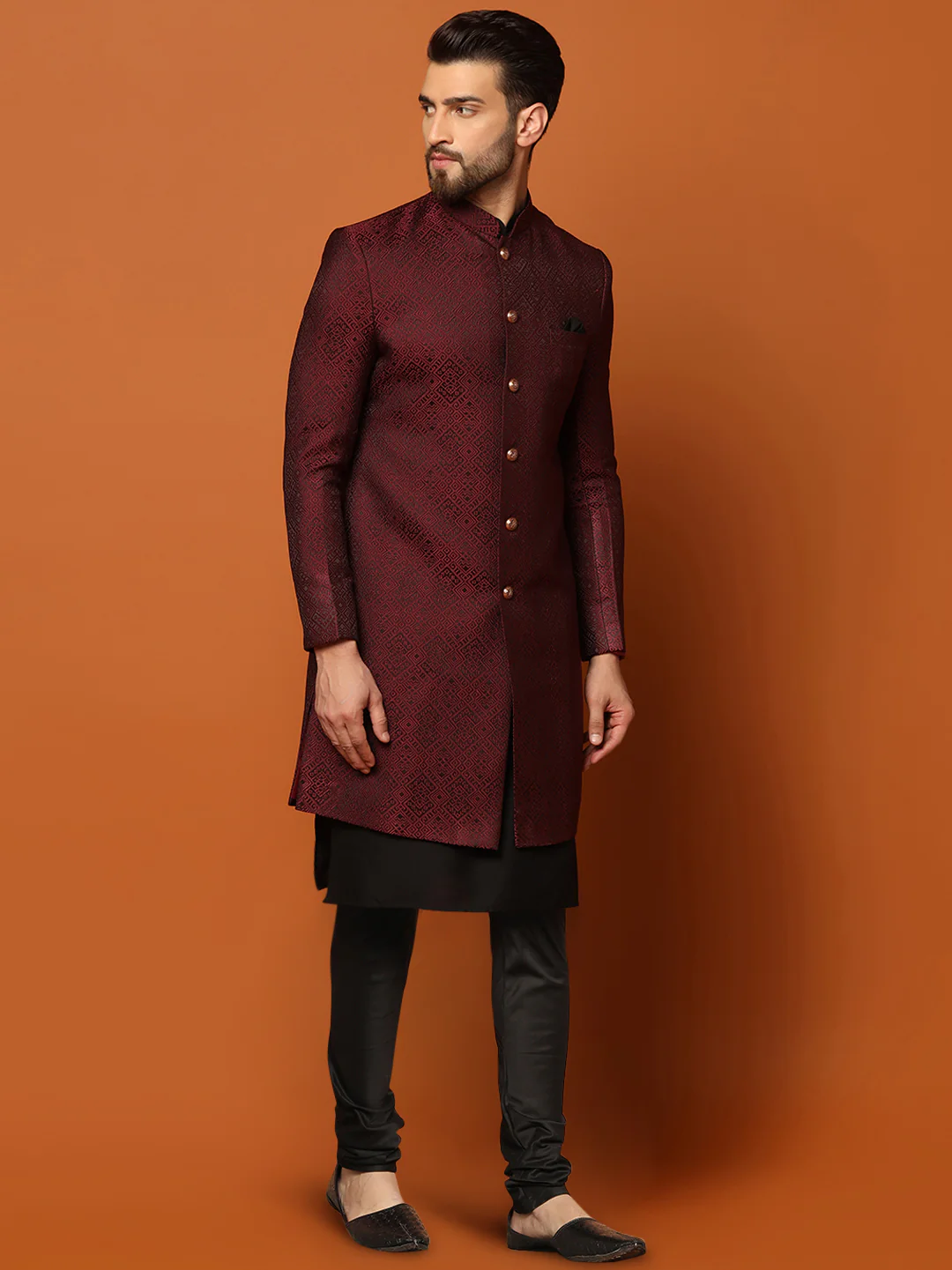 Maroon Jacquard Indo-Western Sherwani Set with Black Kurta & Churidar – Classic Wedding Outfit - Image 2