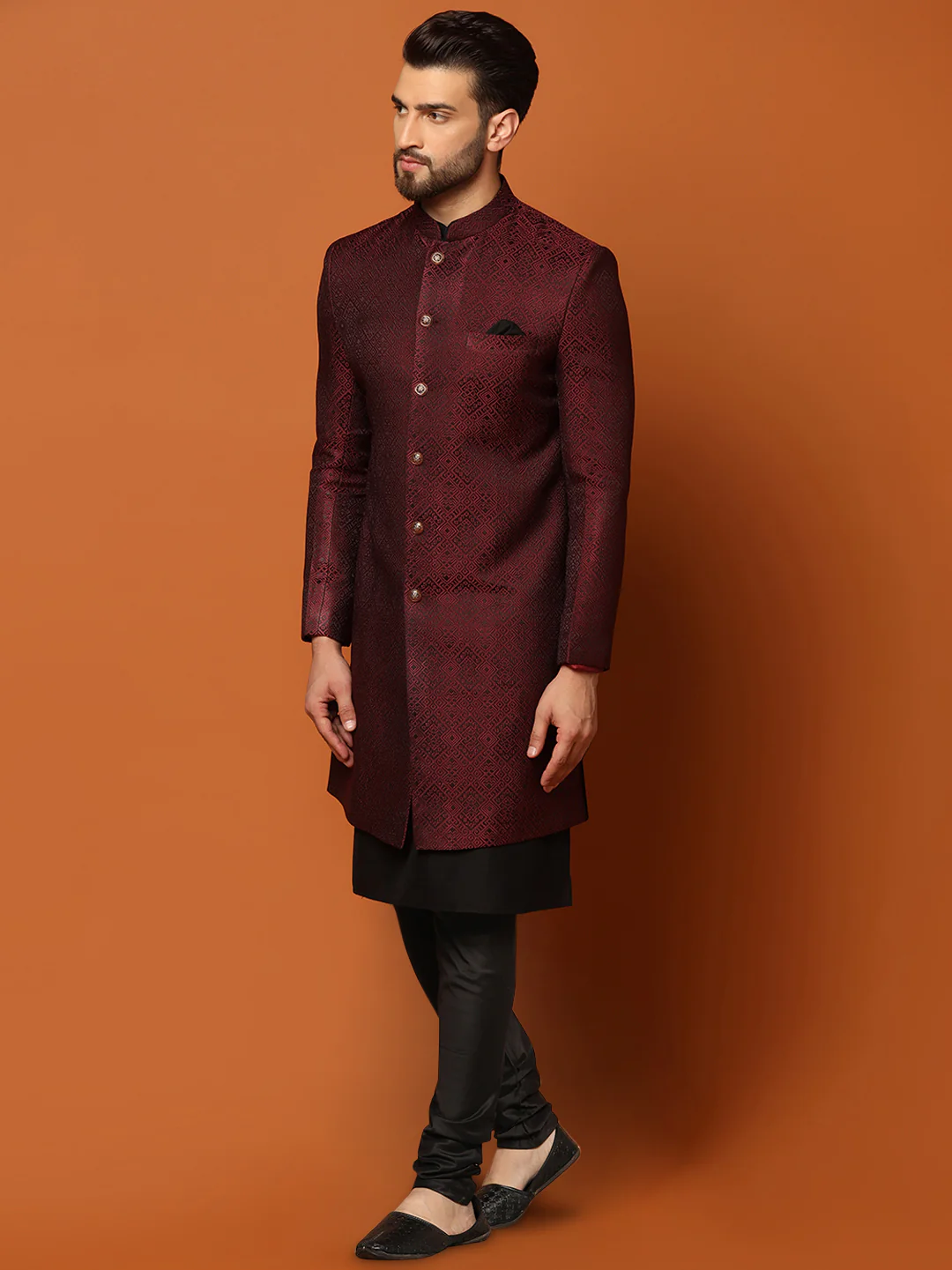 Maroon Jacquard Indo-Western Sherwani Set with Black Kurta & Churidar – Classic Wedding Outfit - Image 3