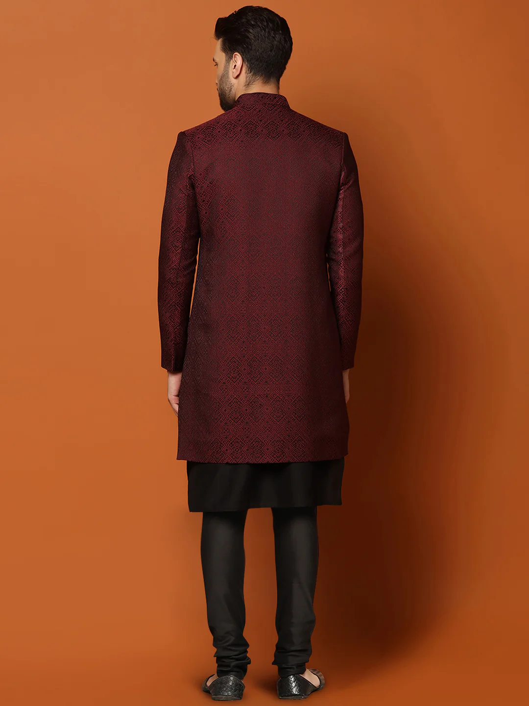 Maroon Jacquard Indo-Western Sherwani Set with Black Kurta & Churidar – Classic Wedding Outfit - Image 4