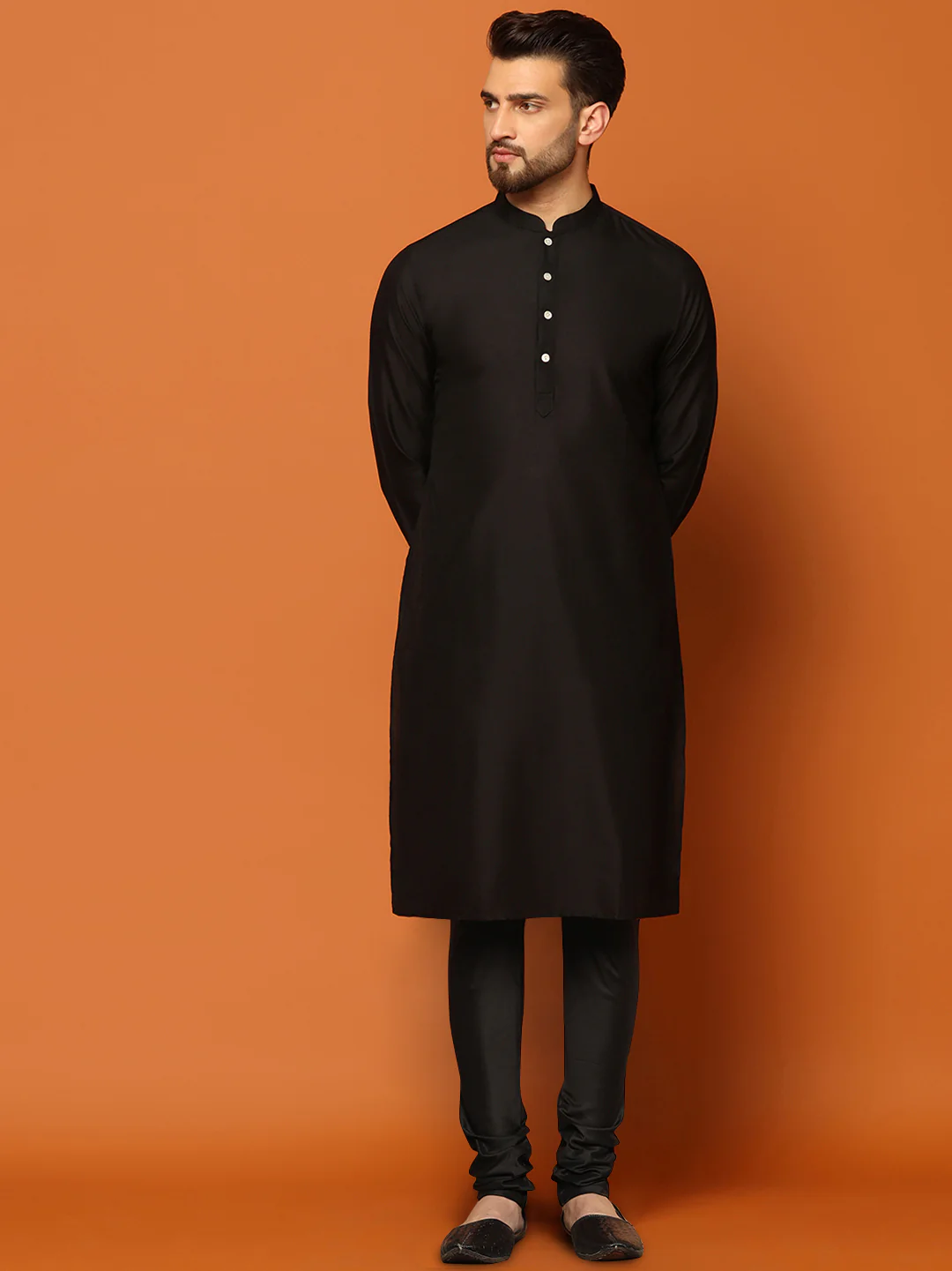 Maroon Jacquard Indo-Western Sherwani Set with Black Kurta & Churidar – Classic Wedding Outfit - Image 5