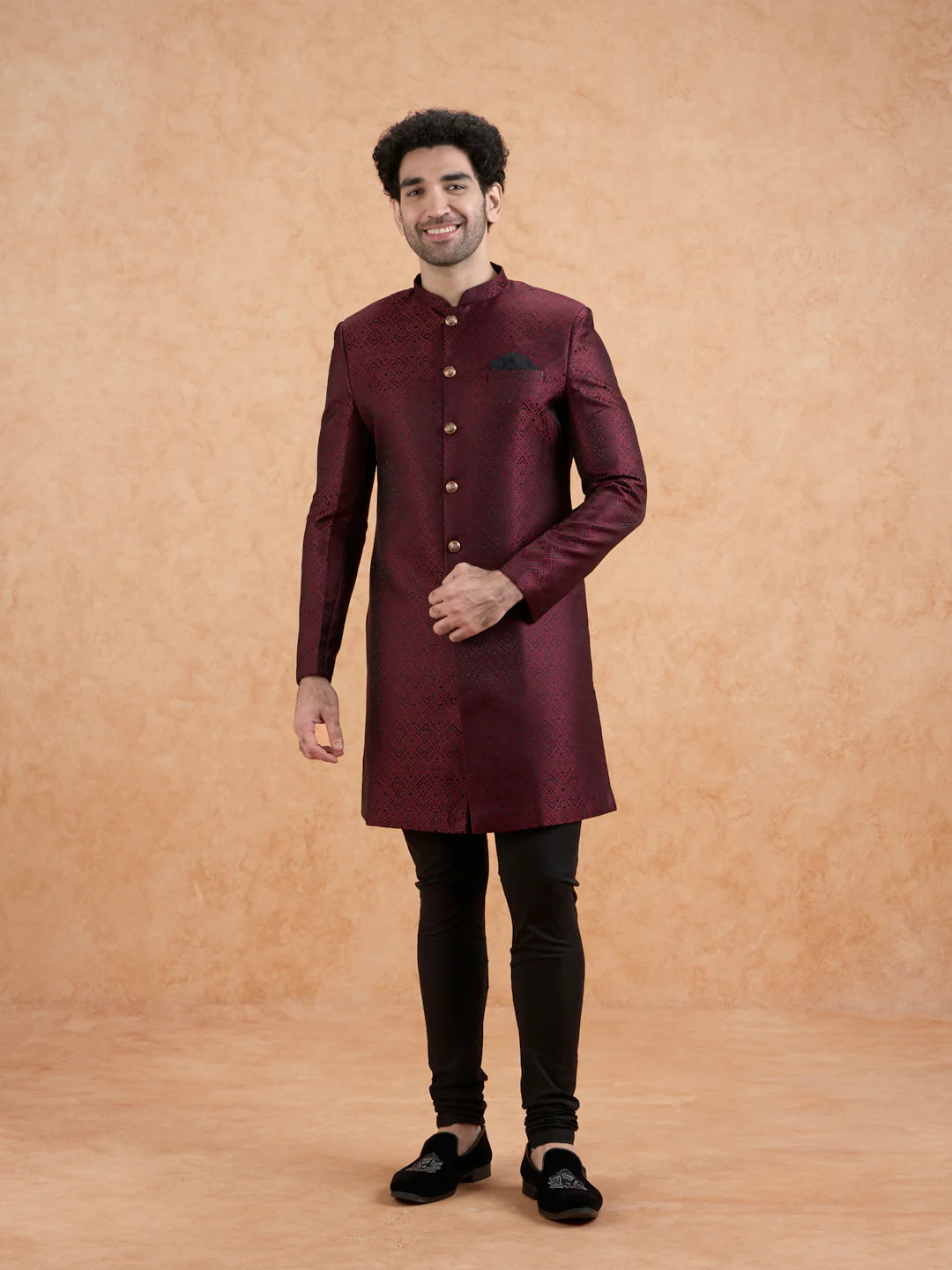 Maroon Silk Blend Textured Indowestern with Churidar