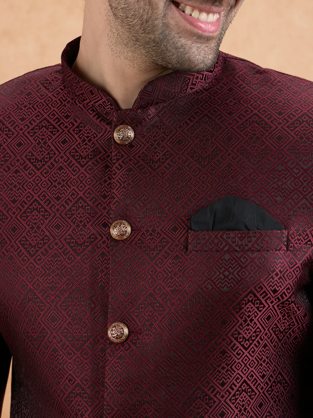 Maroon Silk Blend Textured Indowestern with Churidar - Image 2