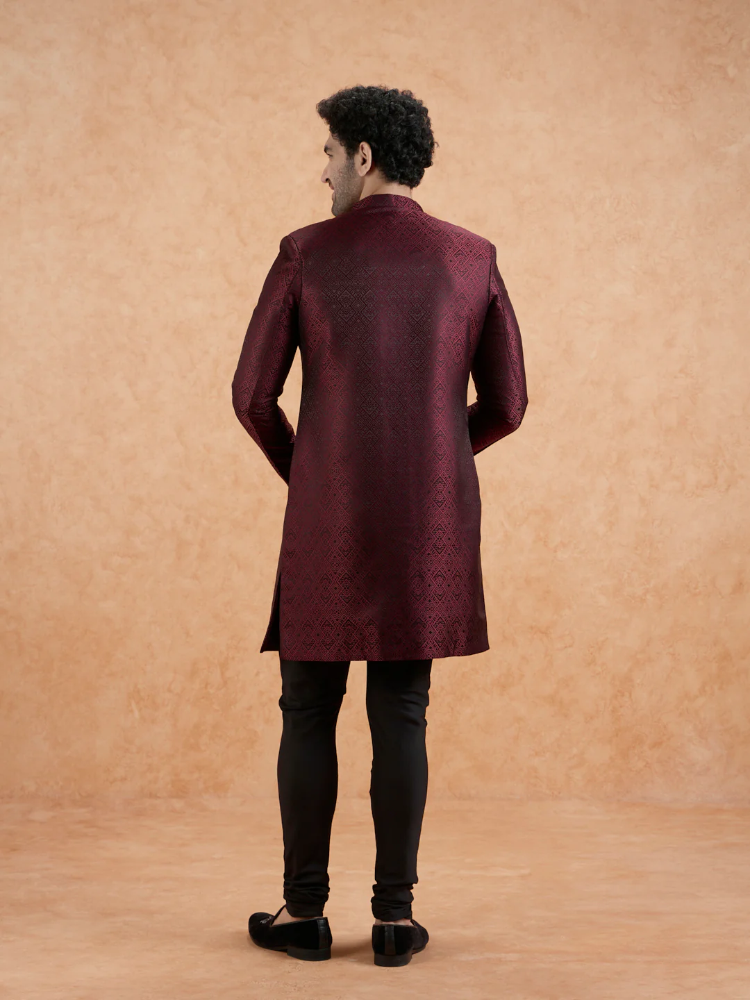 Maroon Silk Blend Textured Indowestern with Churidar - Image 5