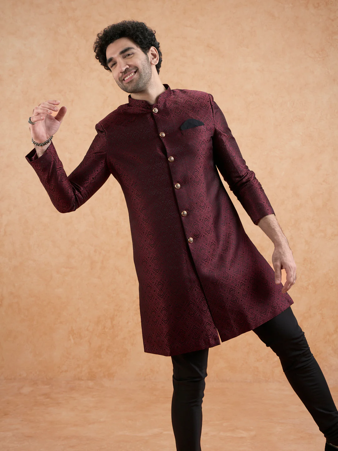 Maroon Silk Blend Textured Indowestern with Churidar - Image 7