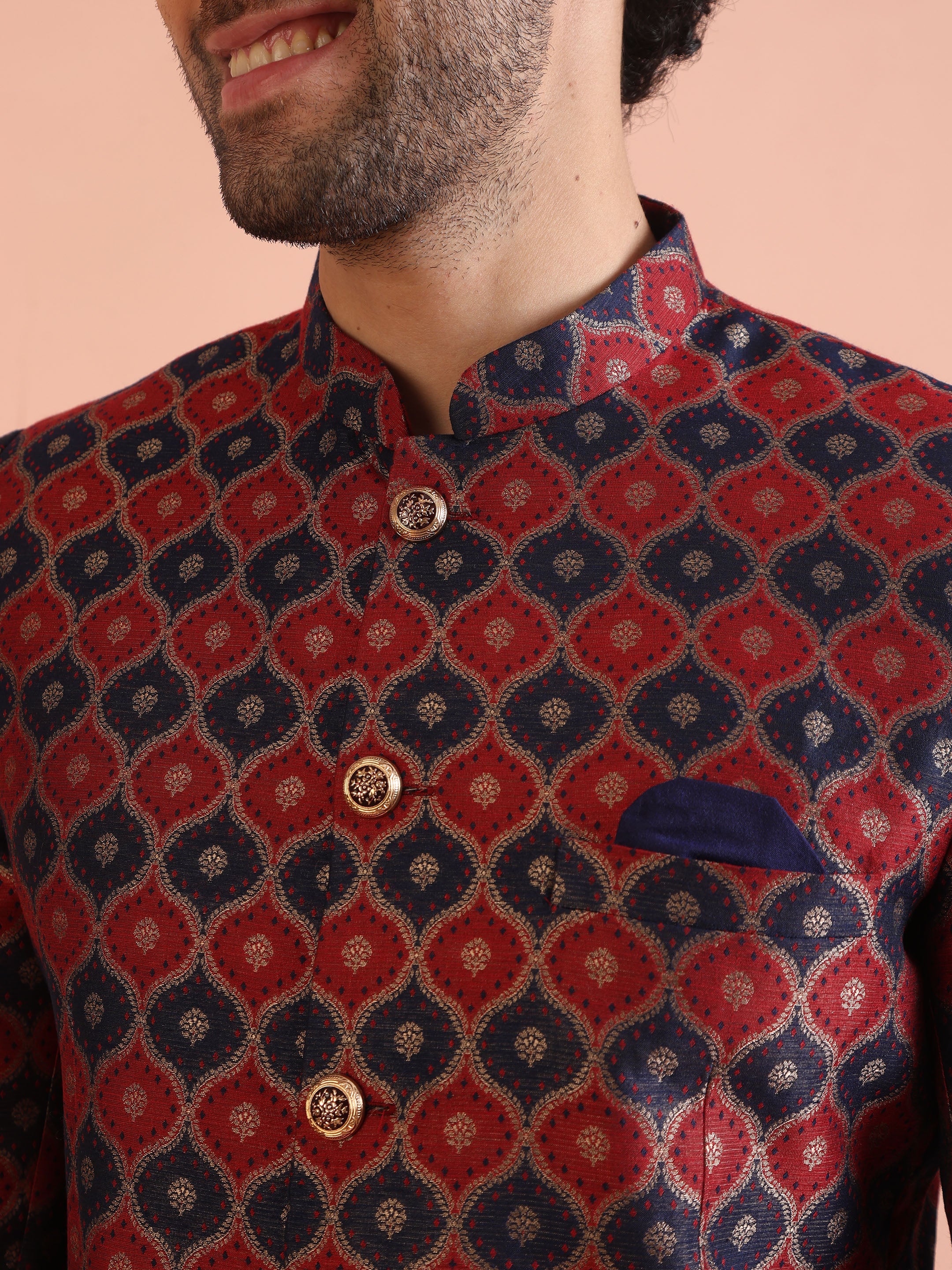 Maroon Silk Blend Geometric Jodhpuri Bandhgala Set - Image 5