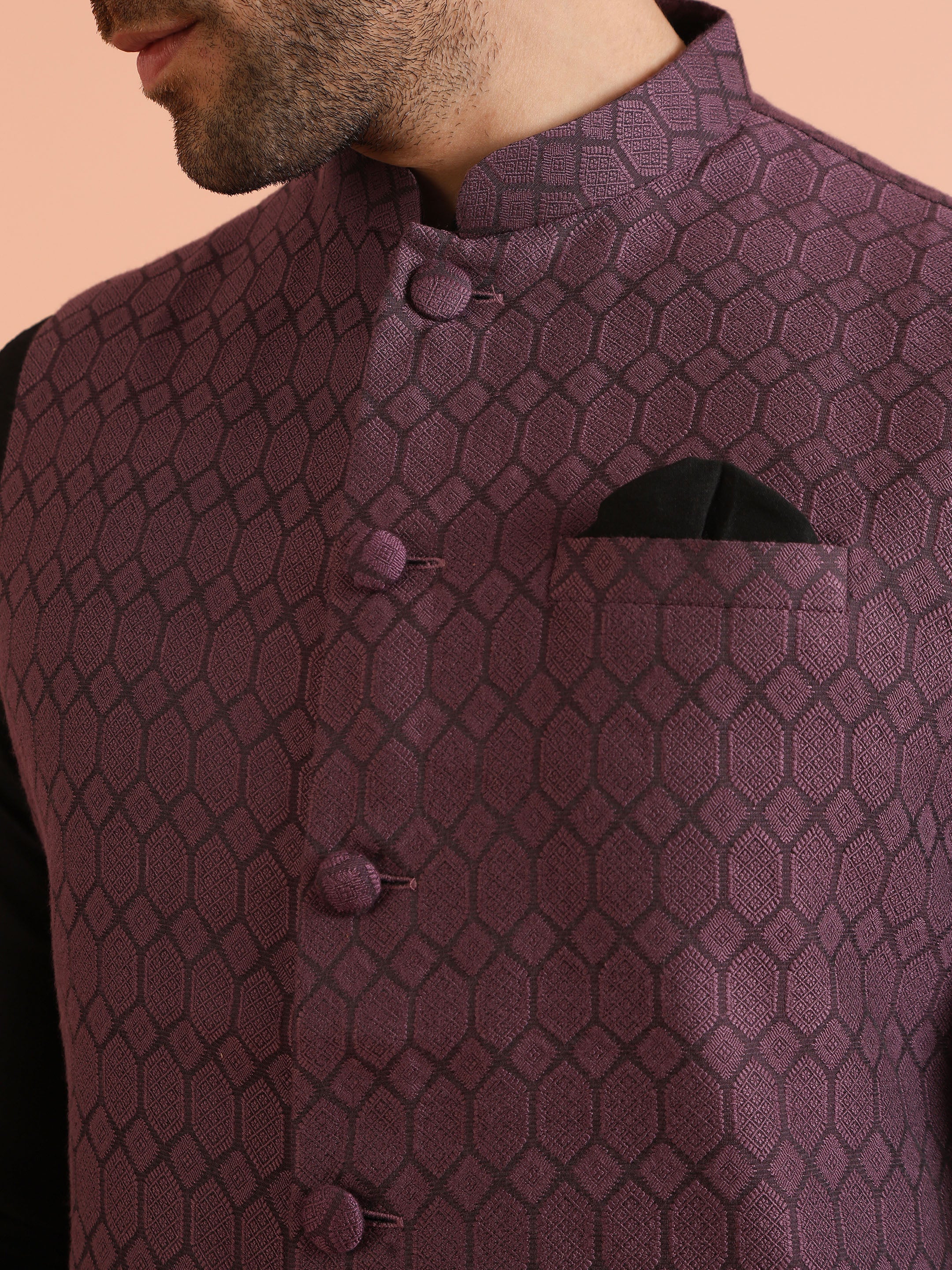 Purple Silk Blend Geometric Nehru Jacket - Image 5