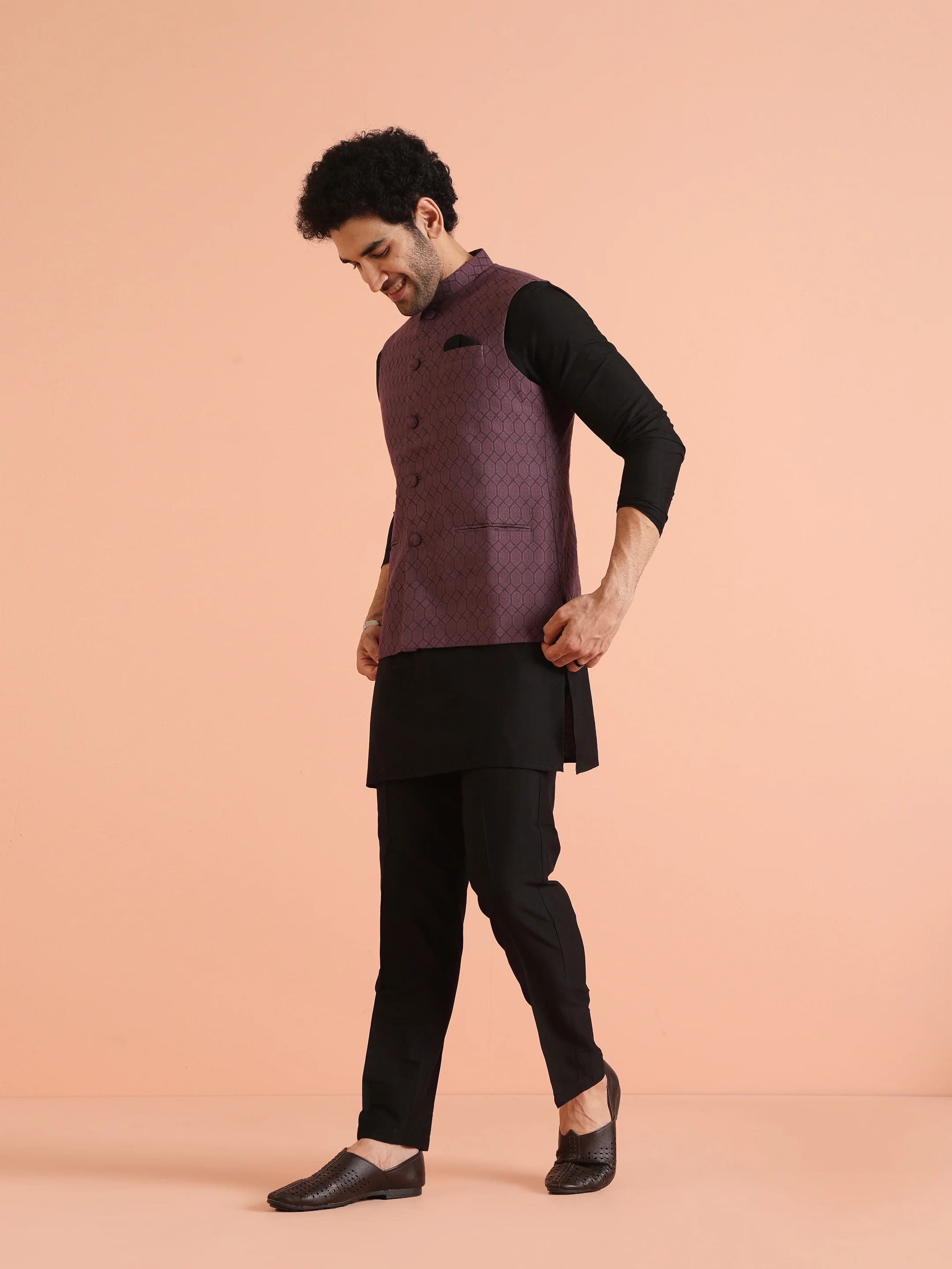 Purple Silk Blend Geometric Nehru Jacket - Image 6
