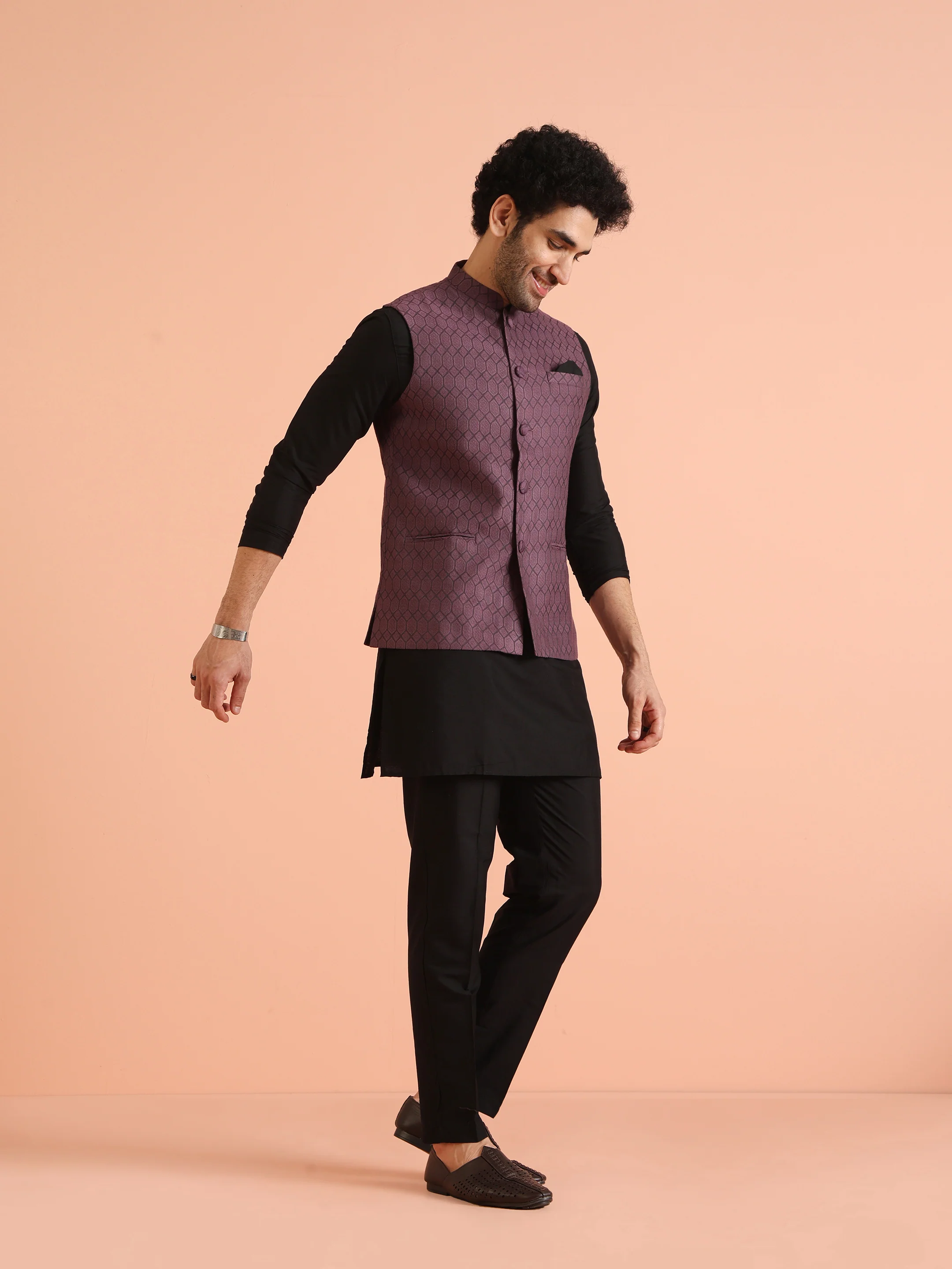 Purple Silk Blend Geometric Nehru Jacket - Image 7