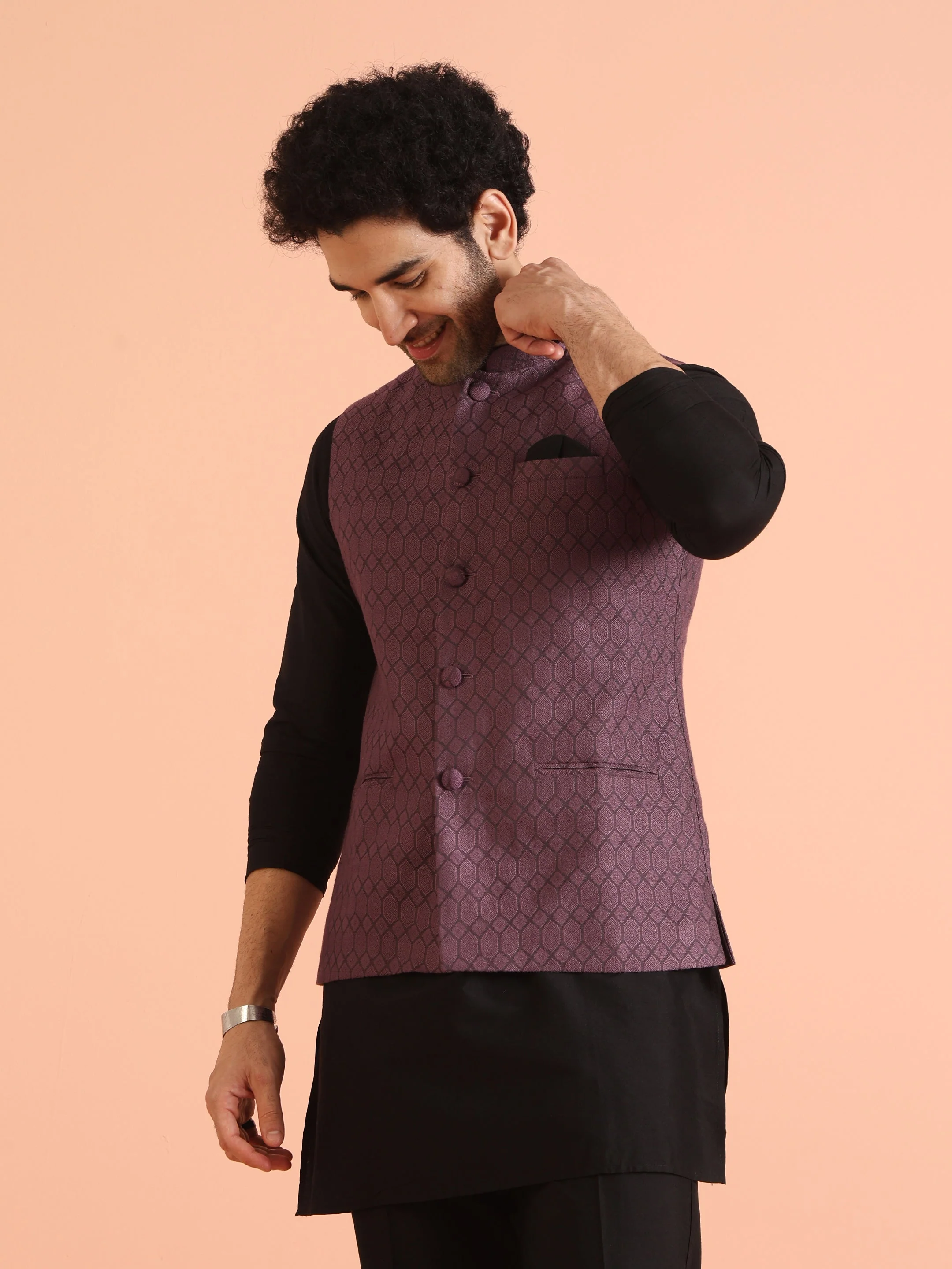 Purple Silk Blend Geometric Nehru Jacket - Image 8