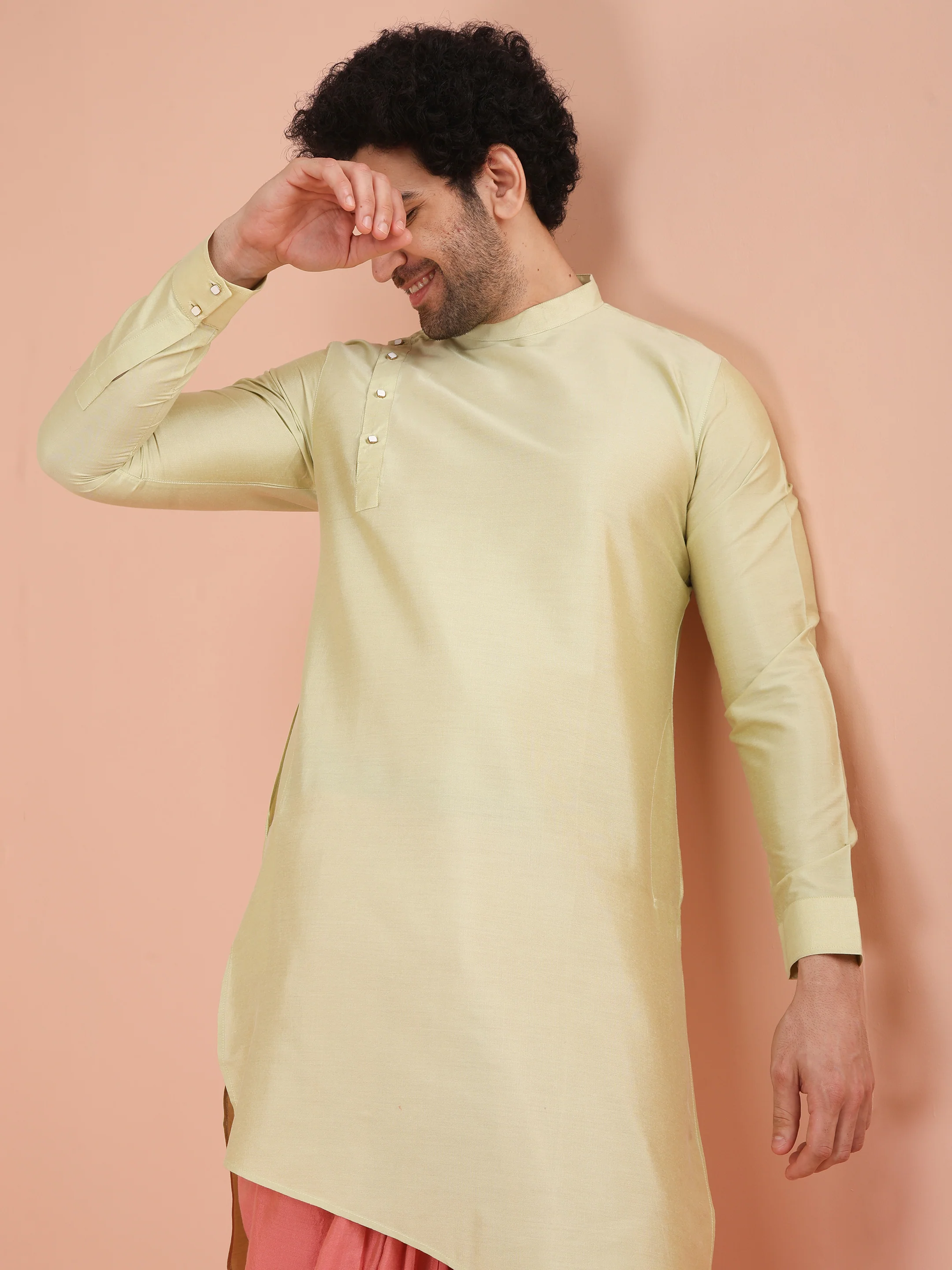 Light Green Asymmetric Kurta Dhoti Set - Image 7