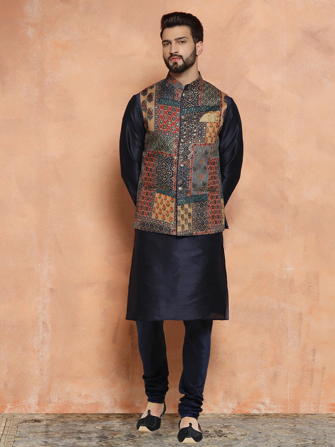 Navy Silk Blend Printed Jacket Kurta Churidar Set