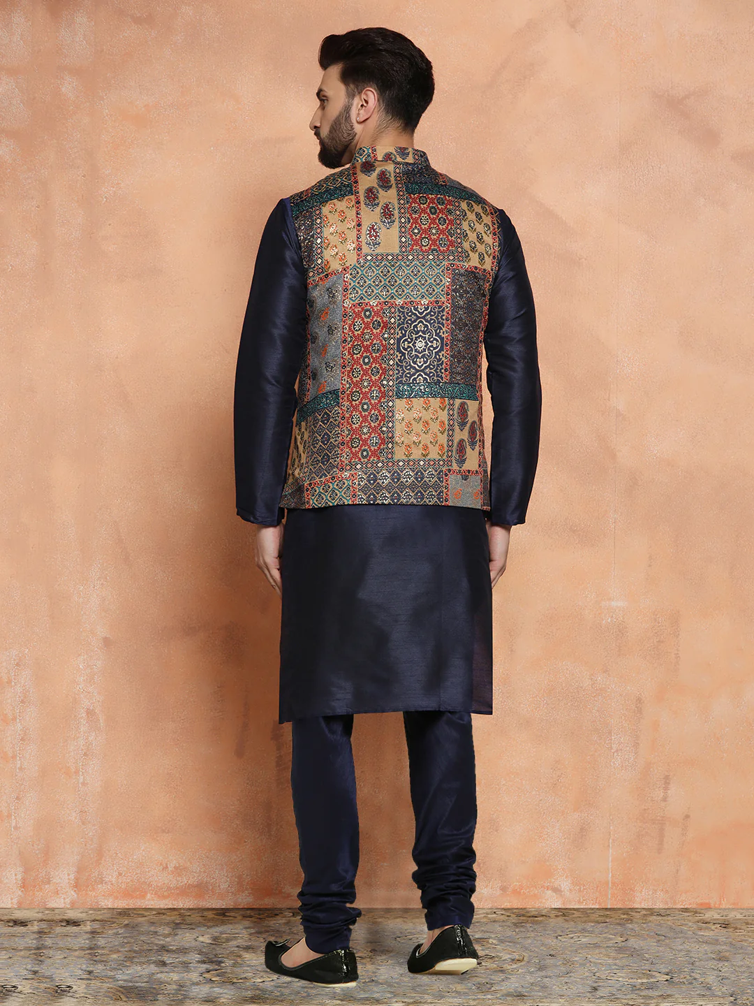 Navy Silk Blend Printed Jacket Kurta Churidar Set - Image 4