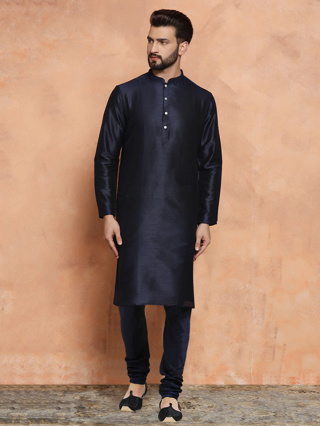 Navy Silk Blend Printed Jacket Kurta Churidar Set - Image 5