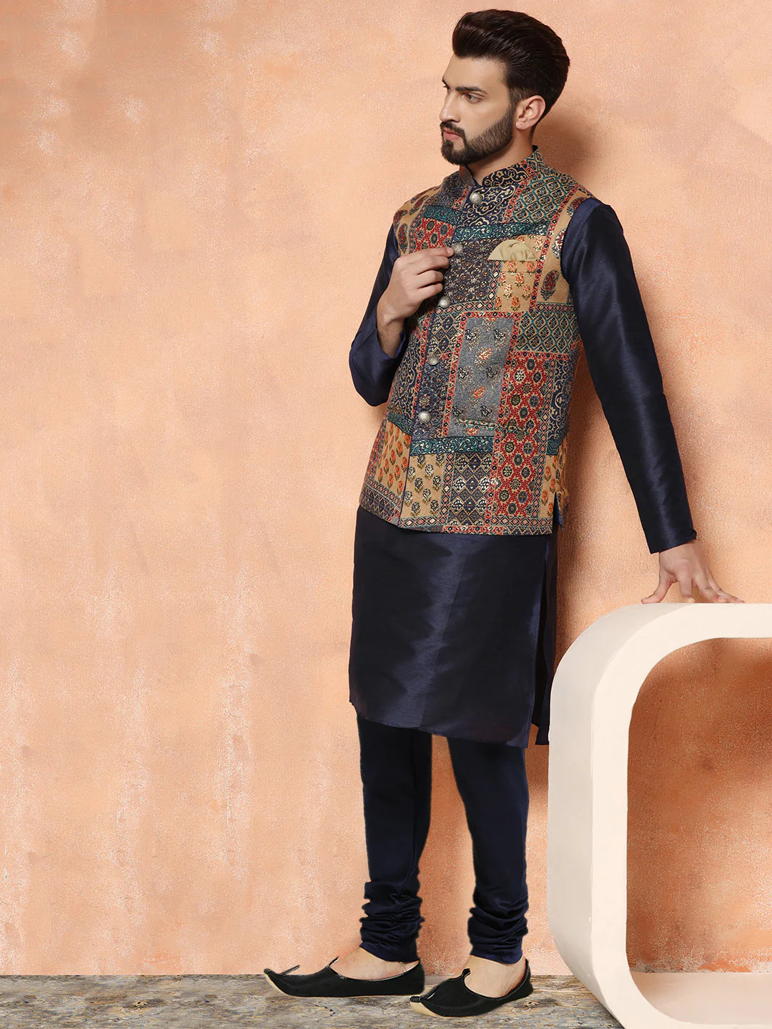 Navy Silk Blend Printed Jacket Kurta Churidar Set - Image 8