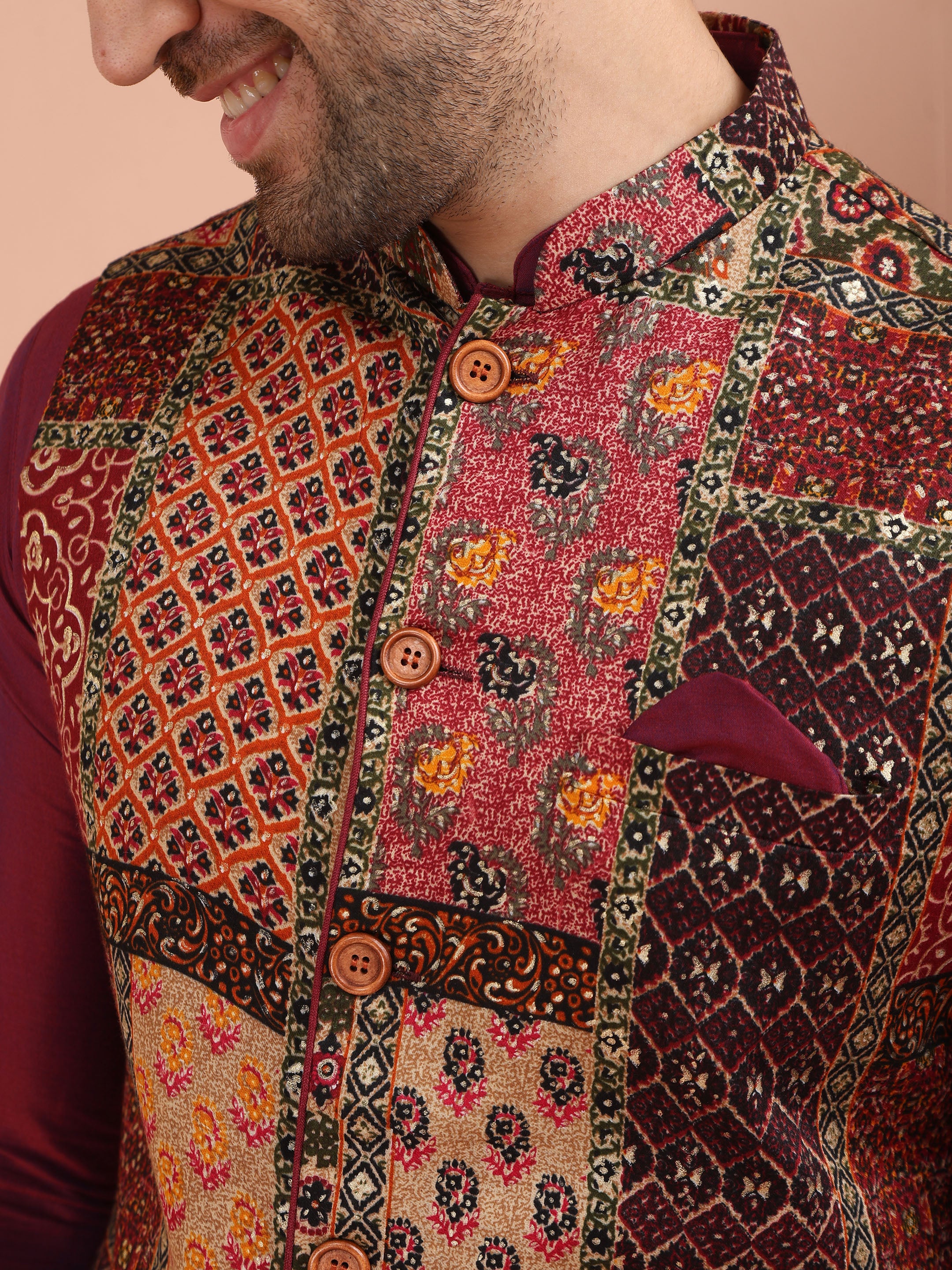 Maroon Silk Blend Printed Jacket Kurta Churidar Set - Image 5