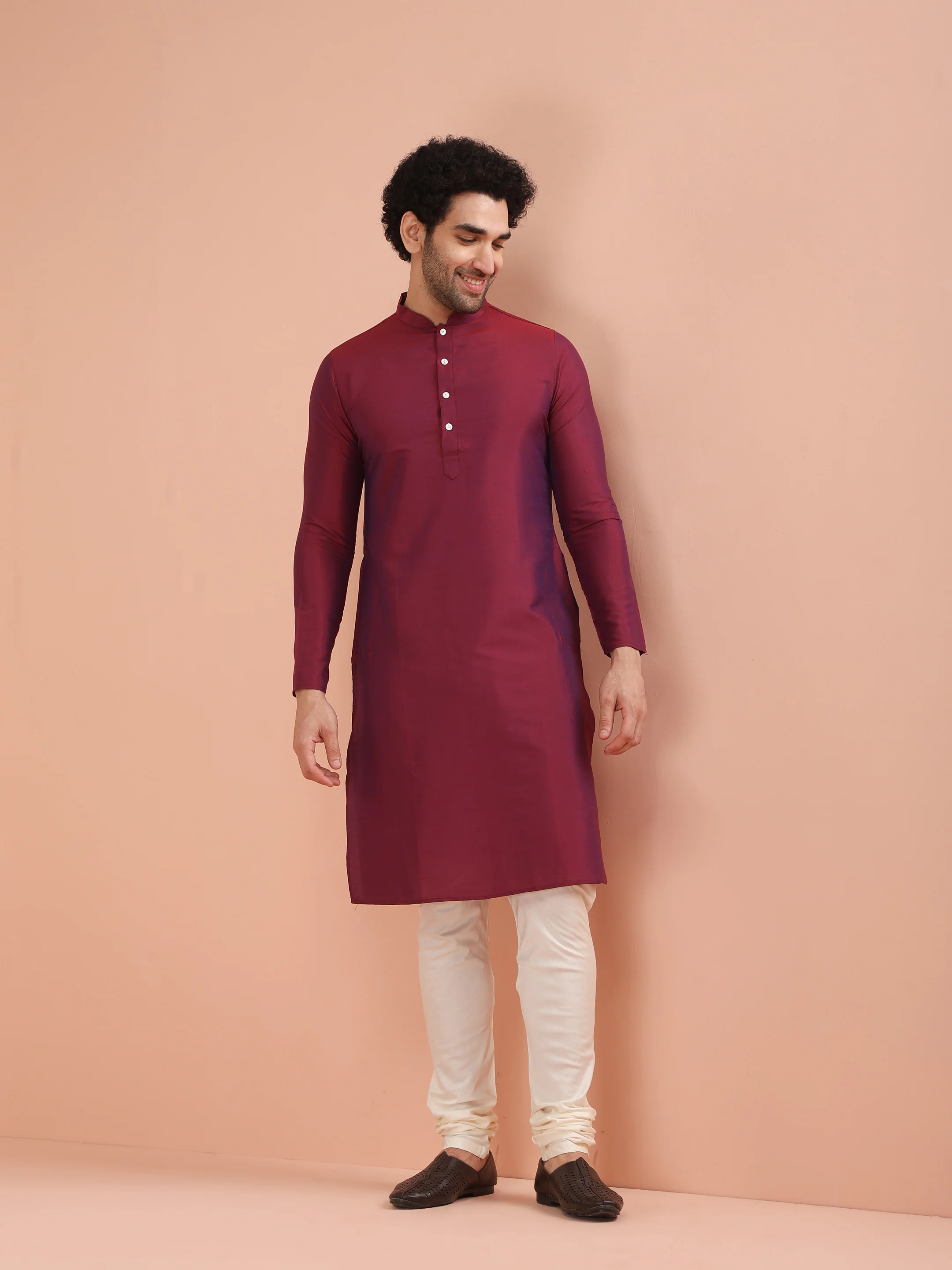 Maroon Silk Blend Printed Jacket Kurta Churidar Set - Image 6