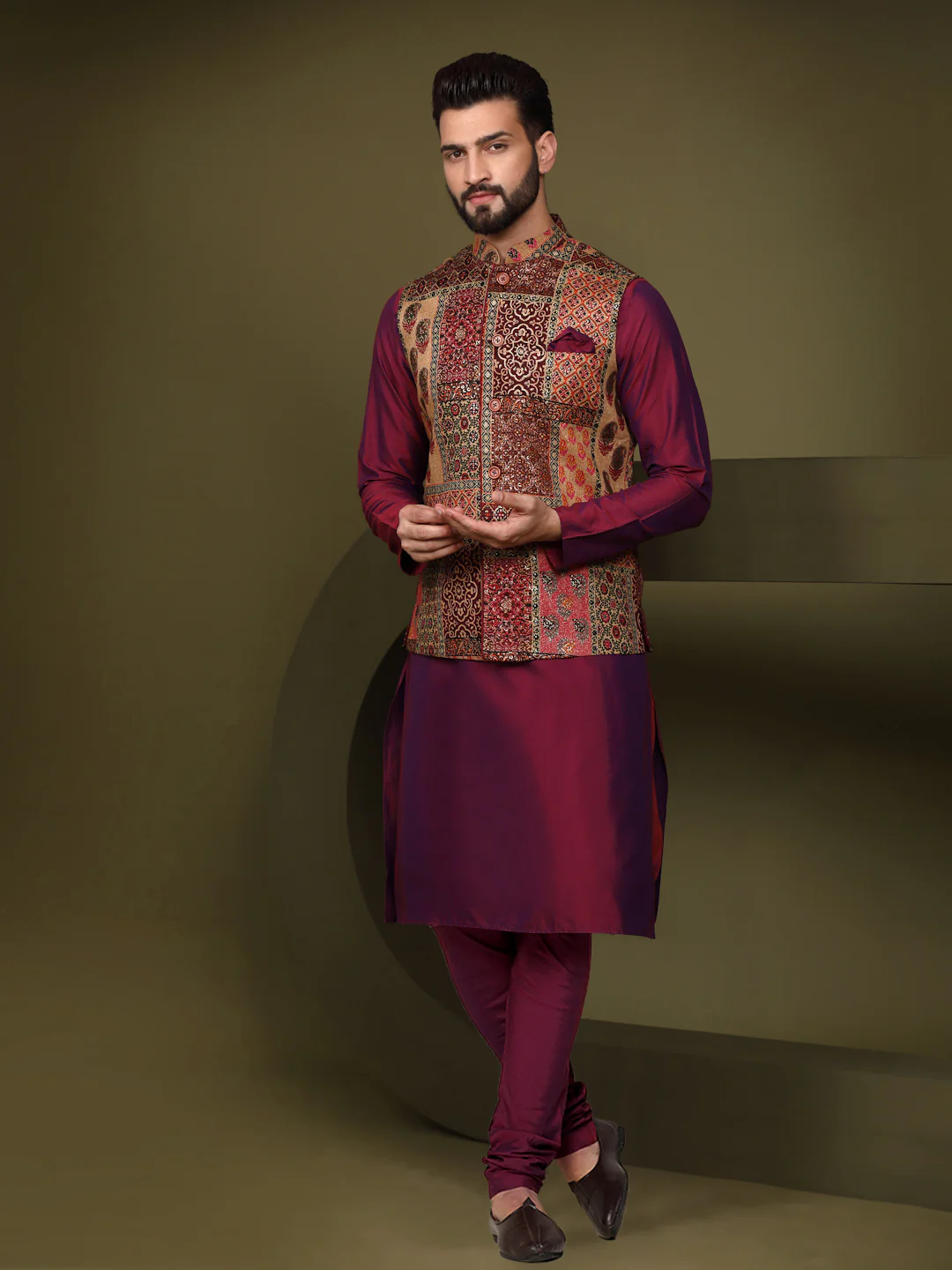 Multicolour Silk Blend Embroidered Nehru Jacket Kurta Churidar
