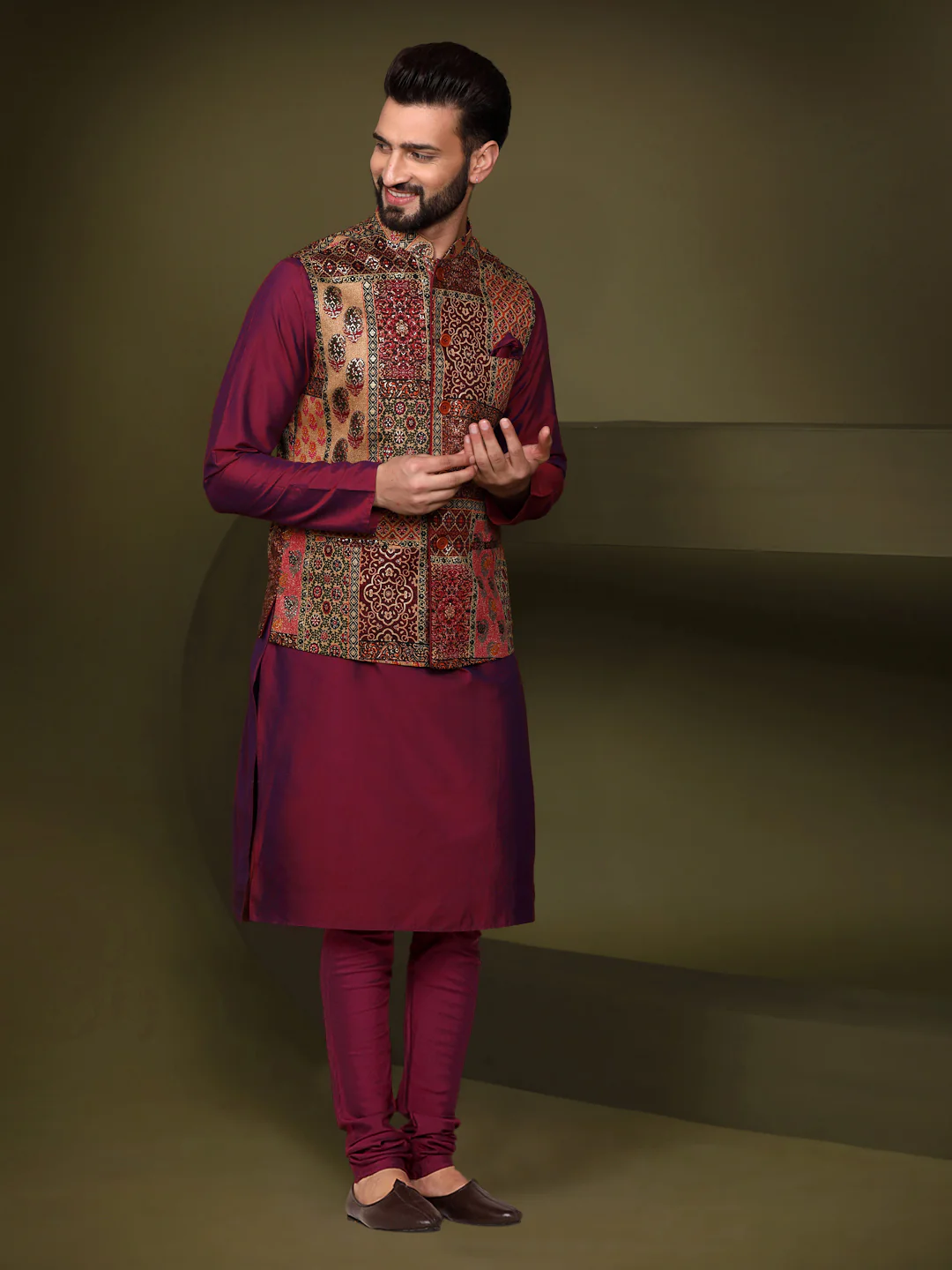 Multicolour Silk Blend Embroidered Nehru Jacket Kurta Churidar - Image 2