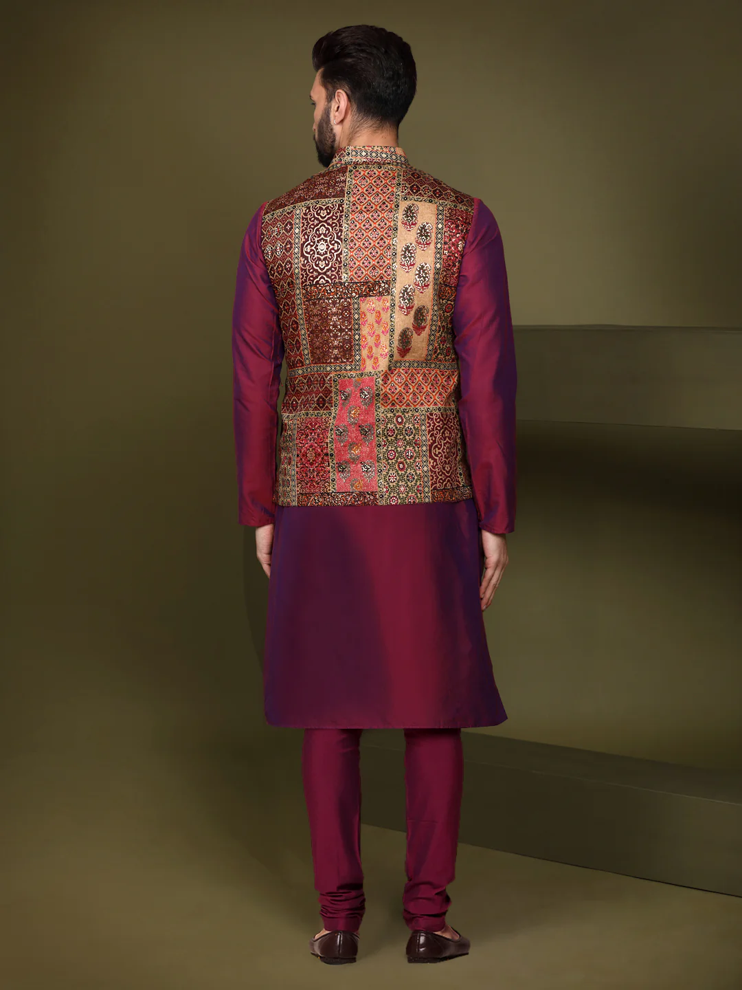 Multicolour Silk Blend Embroidered Nehru Jacket Kurta Churidar - Image 4