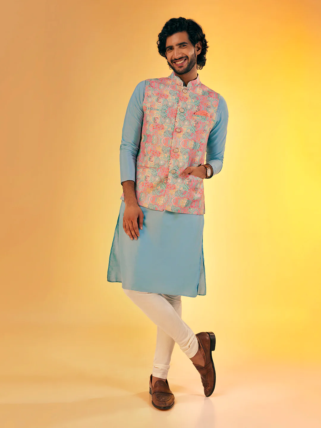 Men Multi Coloured Textured Kurta Jacket Churidar Set