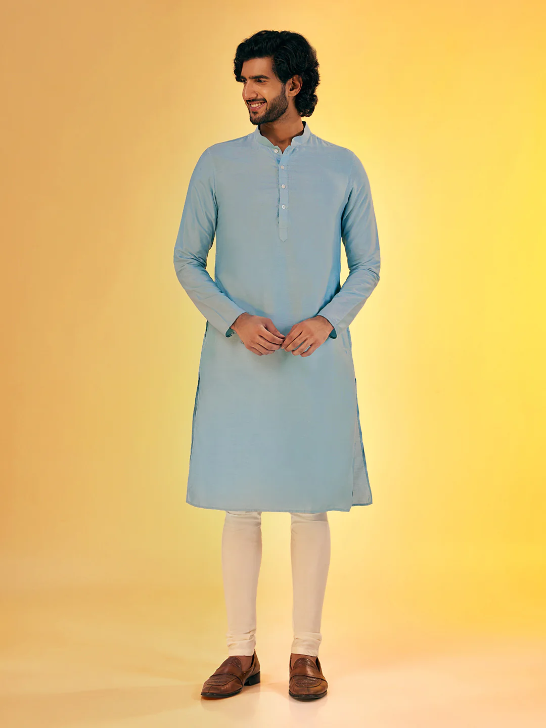 Men Multi Coloured Textured Kurta Jacket Churidar Set - Image 5