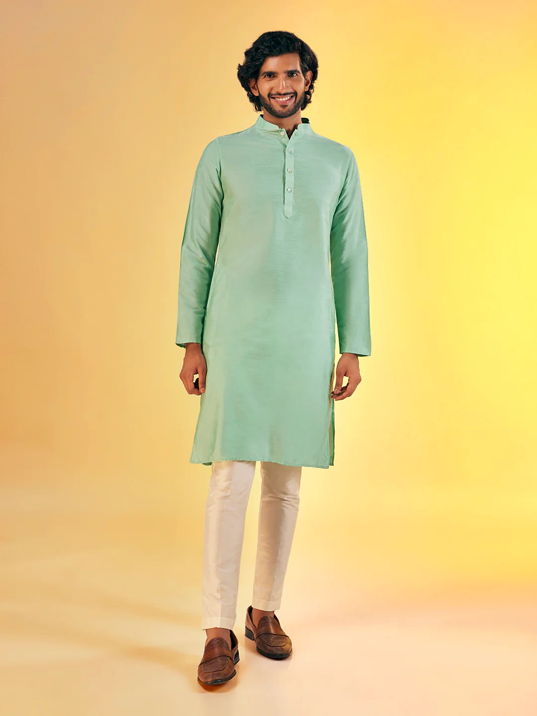 Mint Green Printed Jacket Kurta Ivory Churidar Set - Image 5