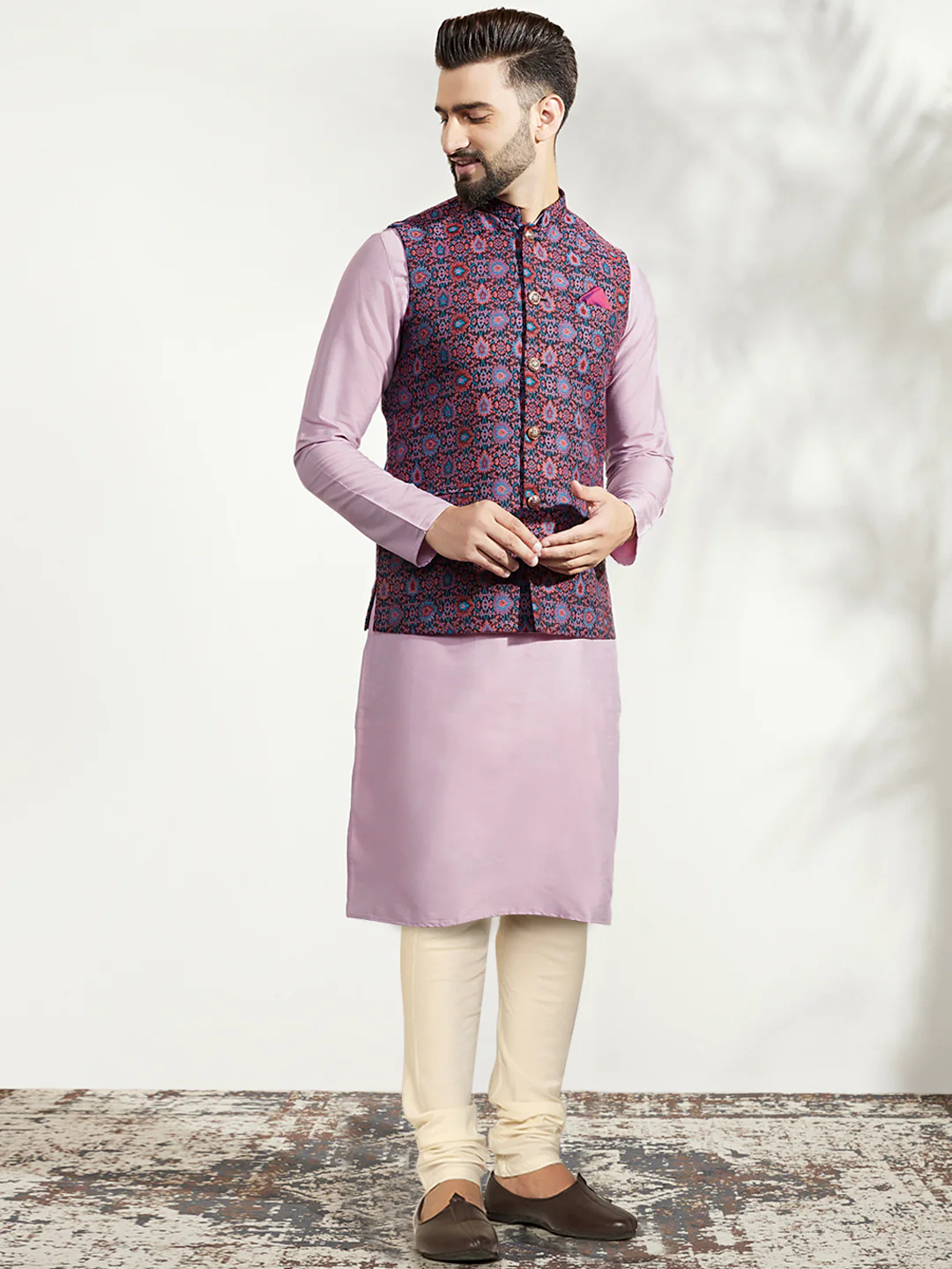 Lavender Silk Blend Kurta with Multicolor Printed Nehru Jacket Set - Image 2