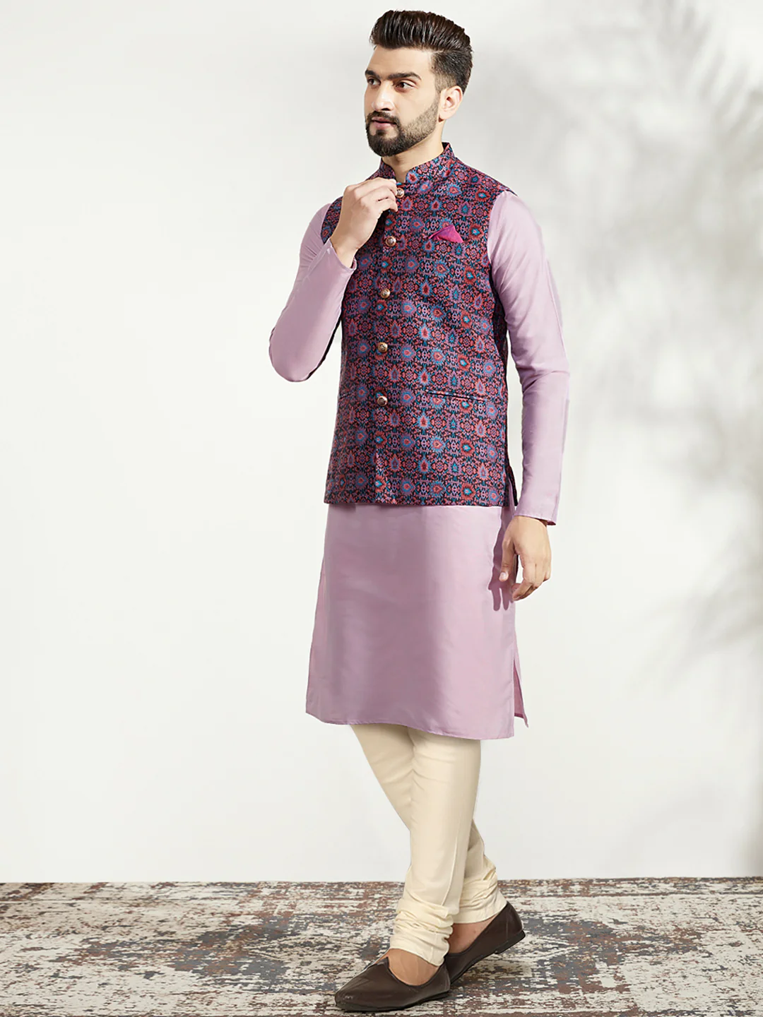 Lavender Silk Blend Kurta with Multicolor Printed Nehru Jacket Set - Image 3