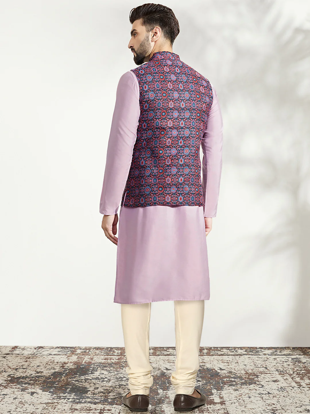 Lavender Silk Blend Kurta with Multicolor Printed Nehru Jacket Set - Image 4