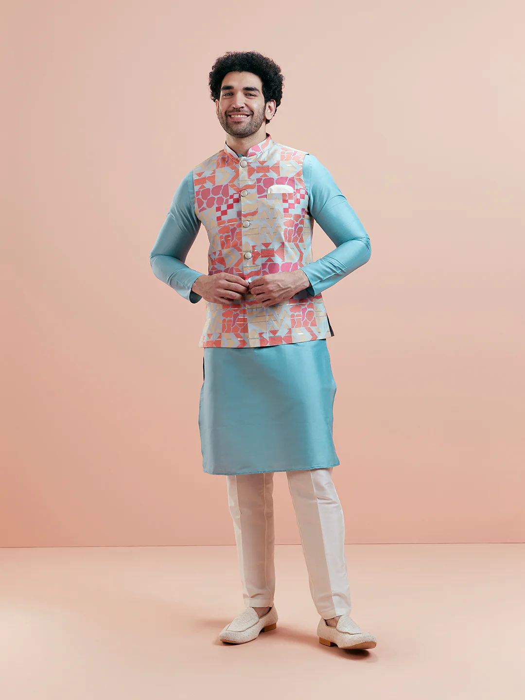 Multi Silk Printed Jacket Kurta Trouser Set