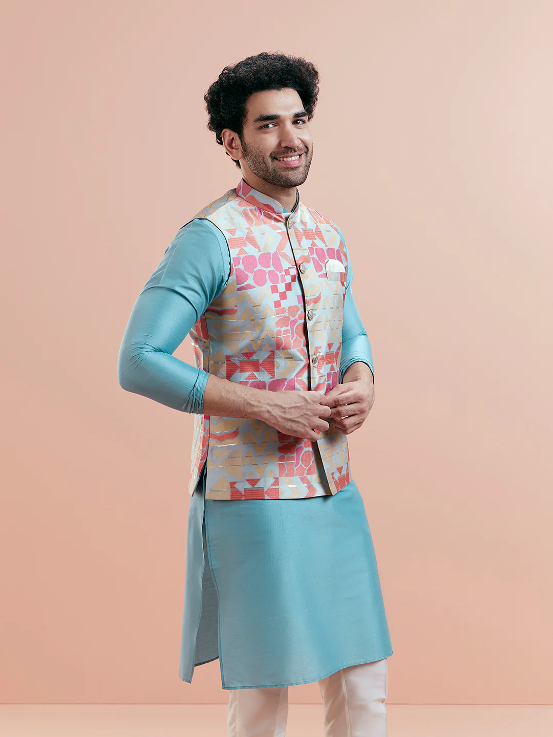 Multi Silk Printed Jacket Kurta Trouser Set - Image 10