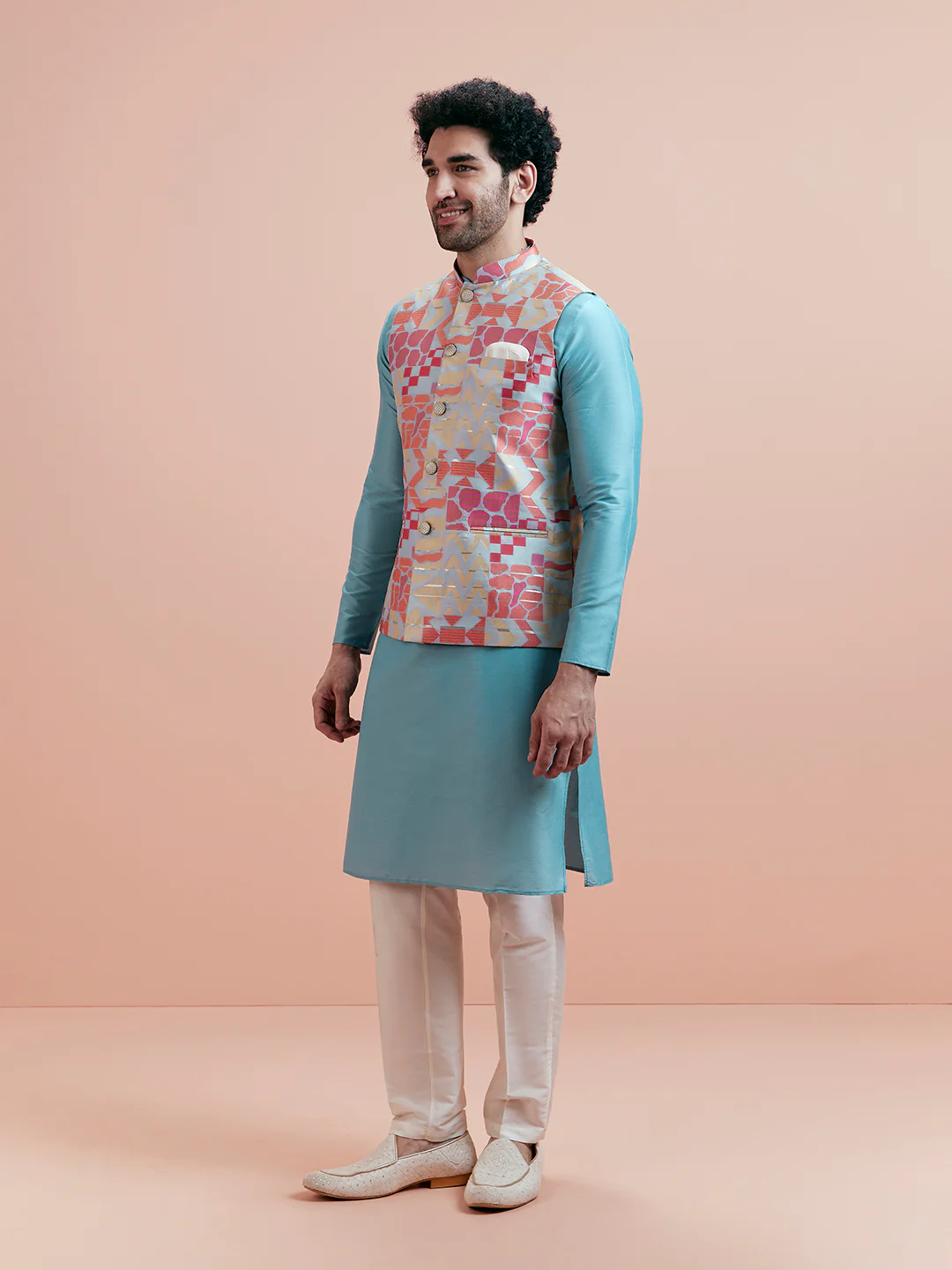 Multi Silk Printed Jacket Kurta Trouser Set - Image 3