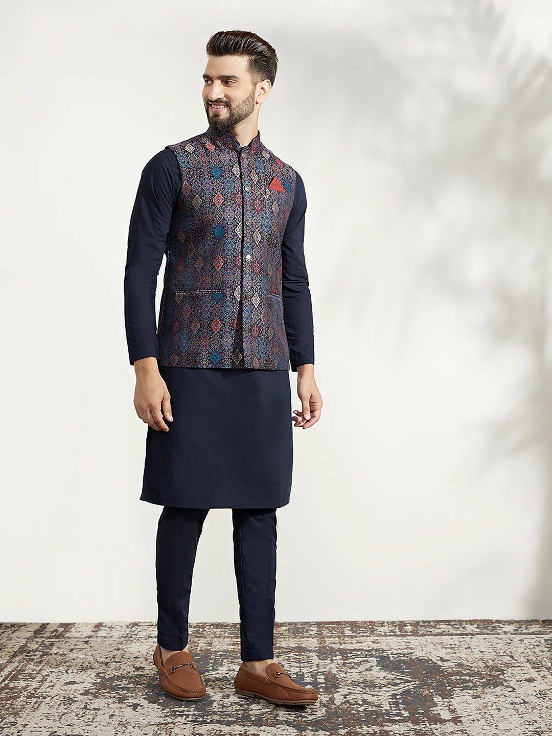 Multi Color Textured Nehru Jacket Navy Kurta Set - Image 2