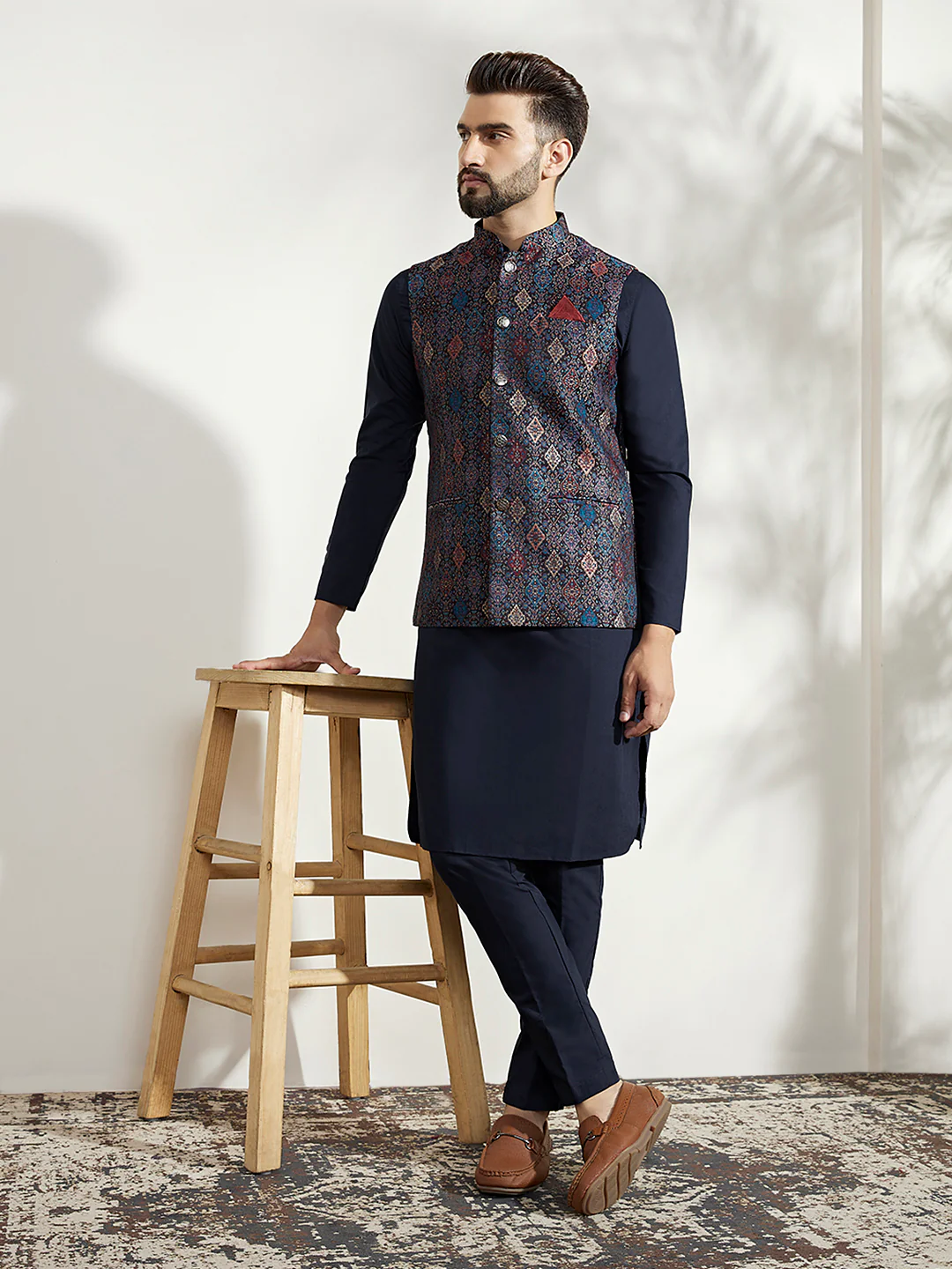 Multi Color Textured Nehru Jacket Navy Kurta Set - Image 8