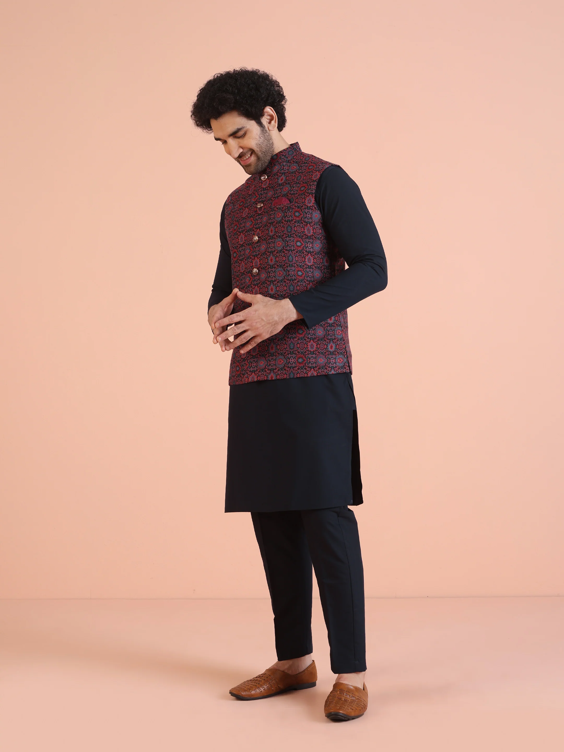 Multi-Coloured Silk Textured Nehru Jacket Kurta Set - Image 3