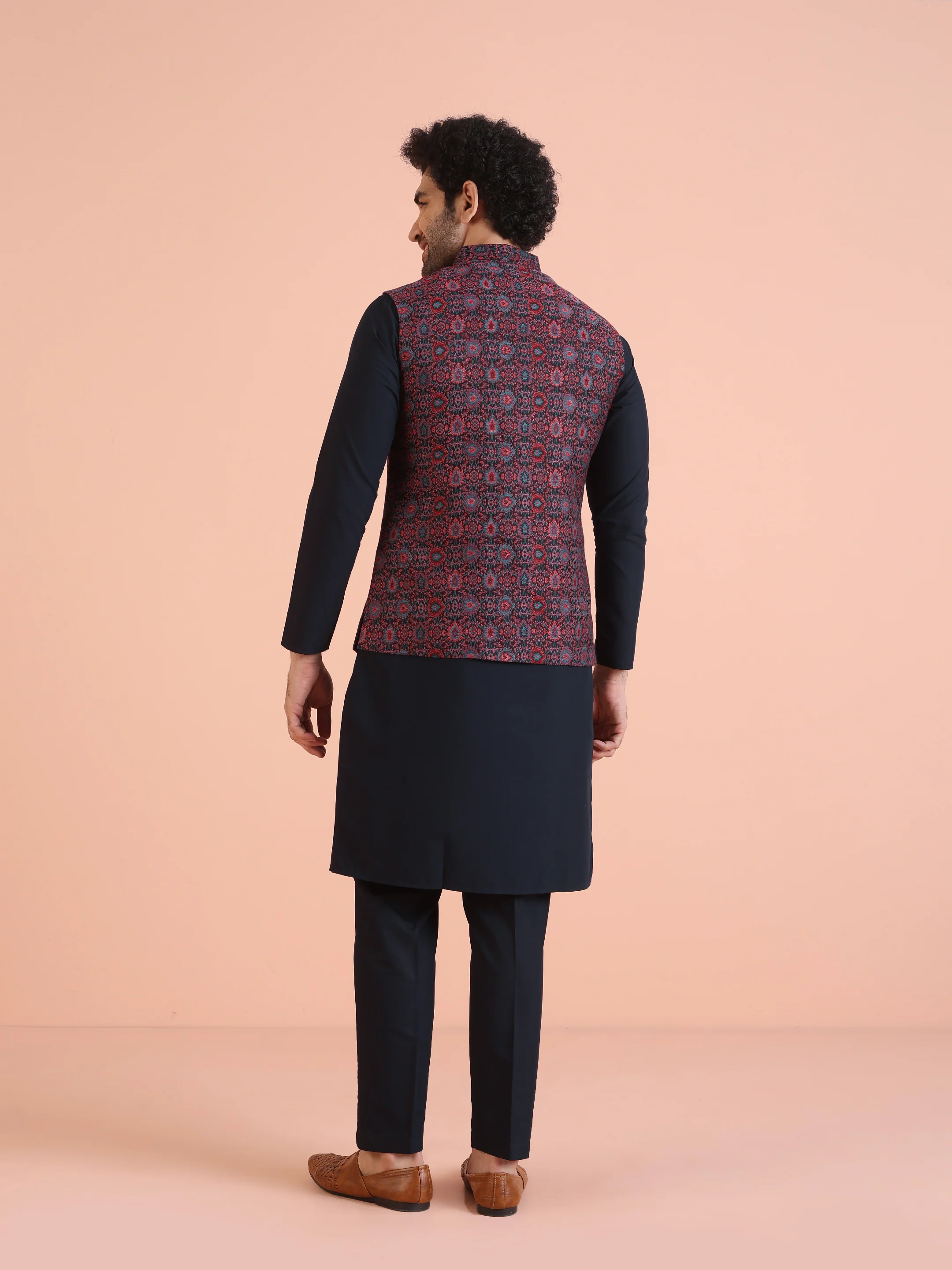 Multi-Coloured Silk Textured Nehru Jacket Kurta Set - Image 4