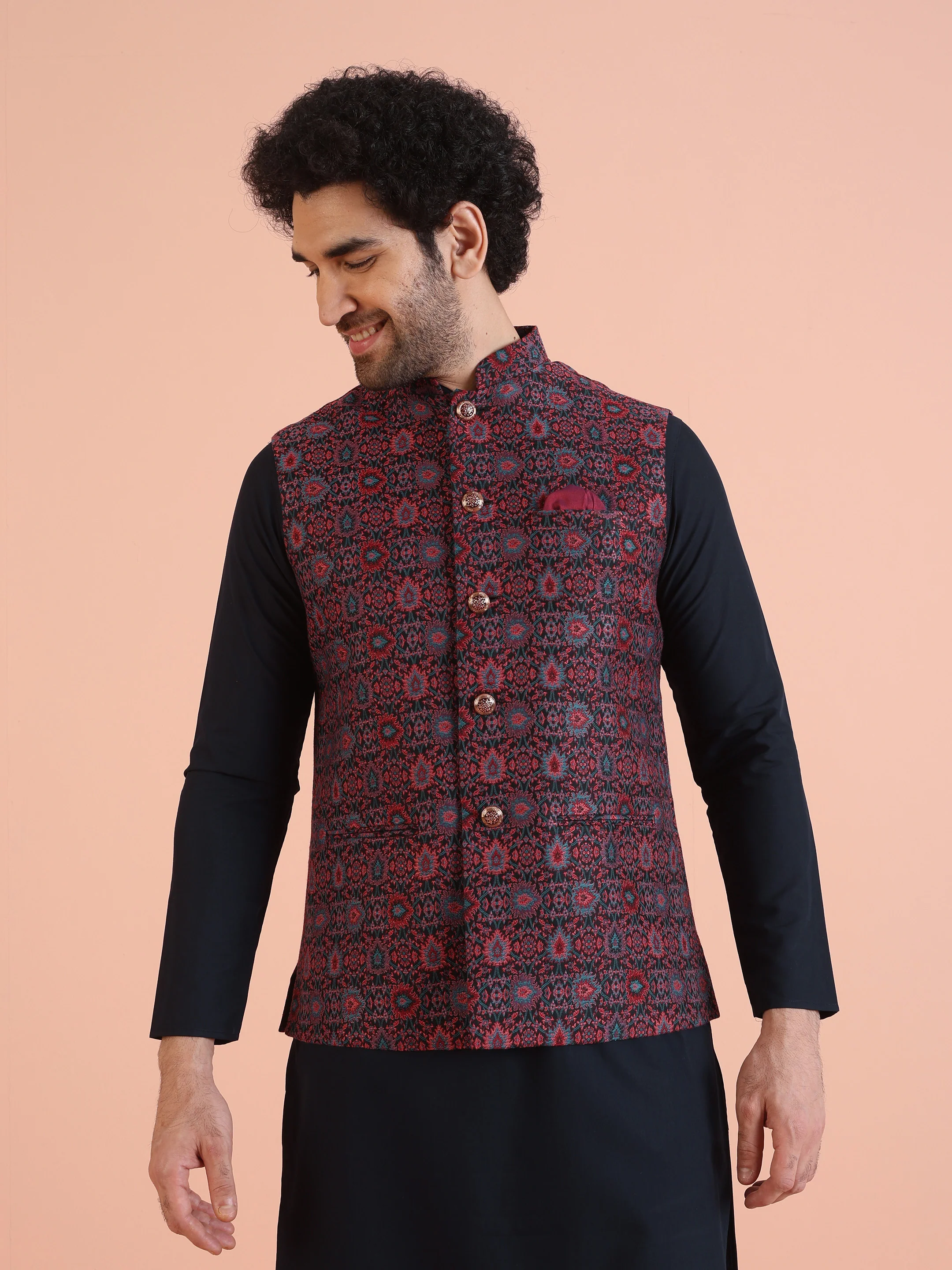 Multi-Coloured Silk Textured Nehru Jacket Kurta Set - Image 8