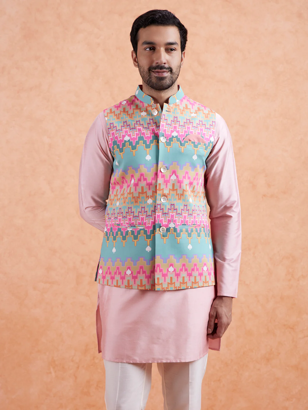Men Multi Coloured Printed Kurta Jacket Trouser Set - Image 9