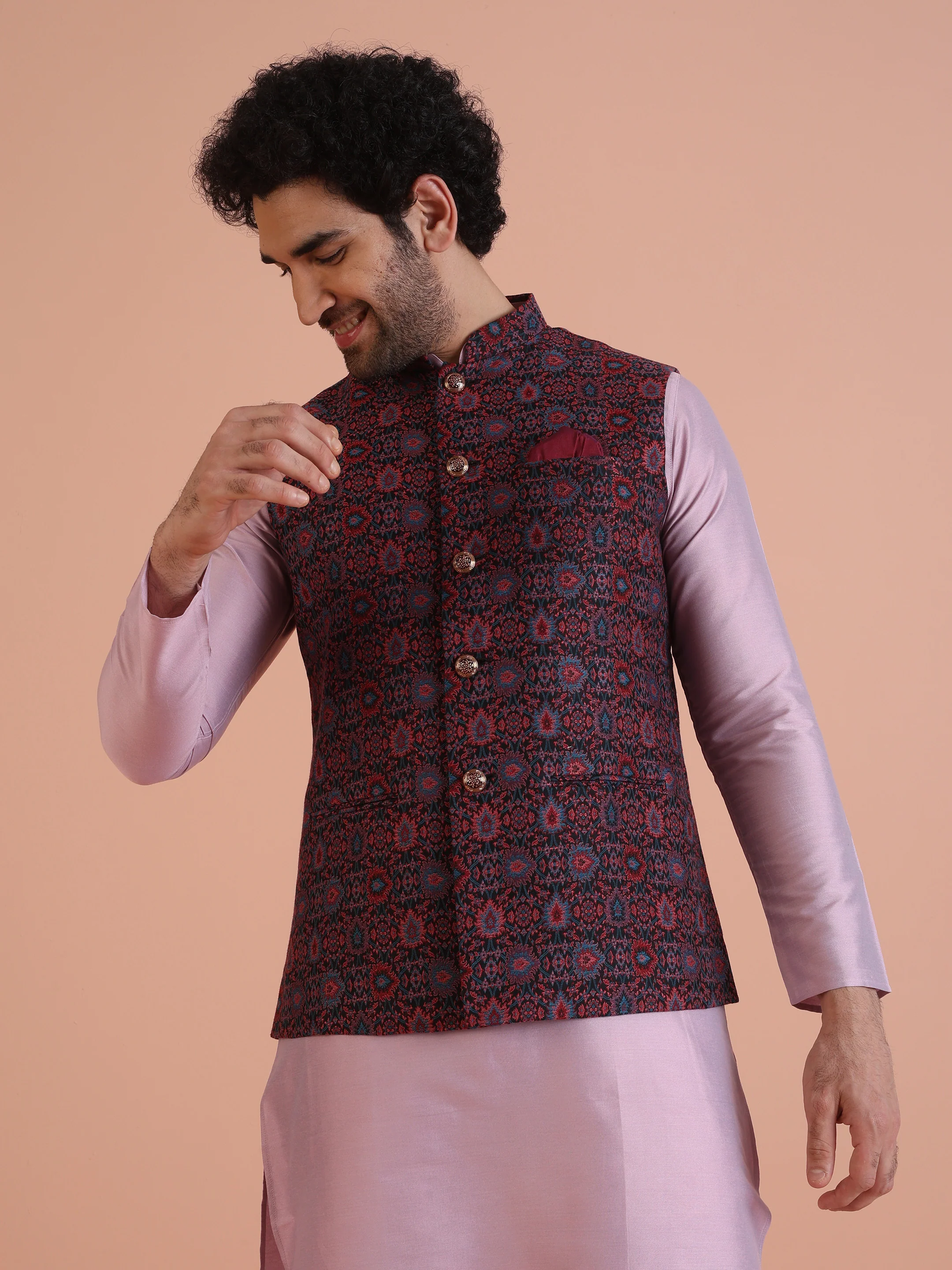Multi-Coloured Textured Nehru Jacket Kurta Trouser - Image 8