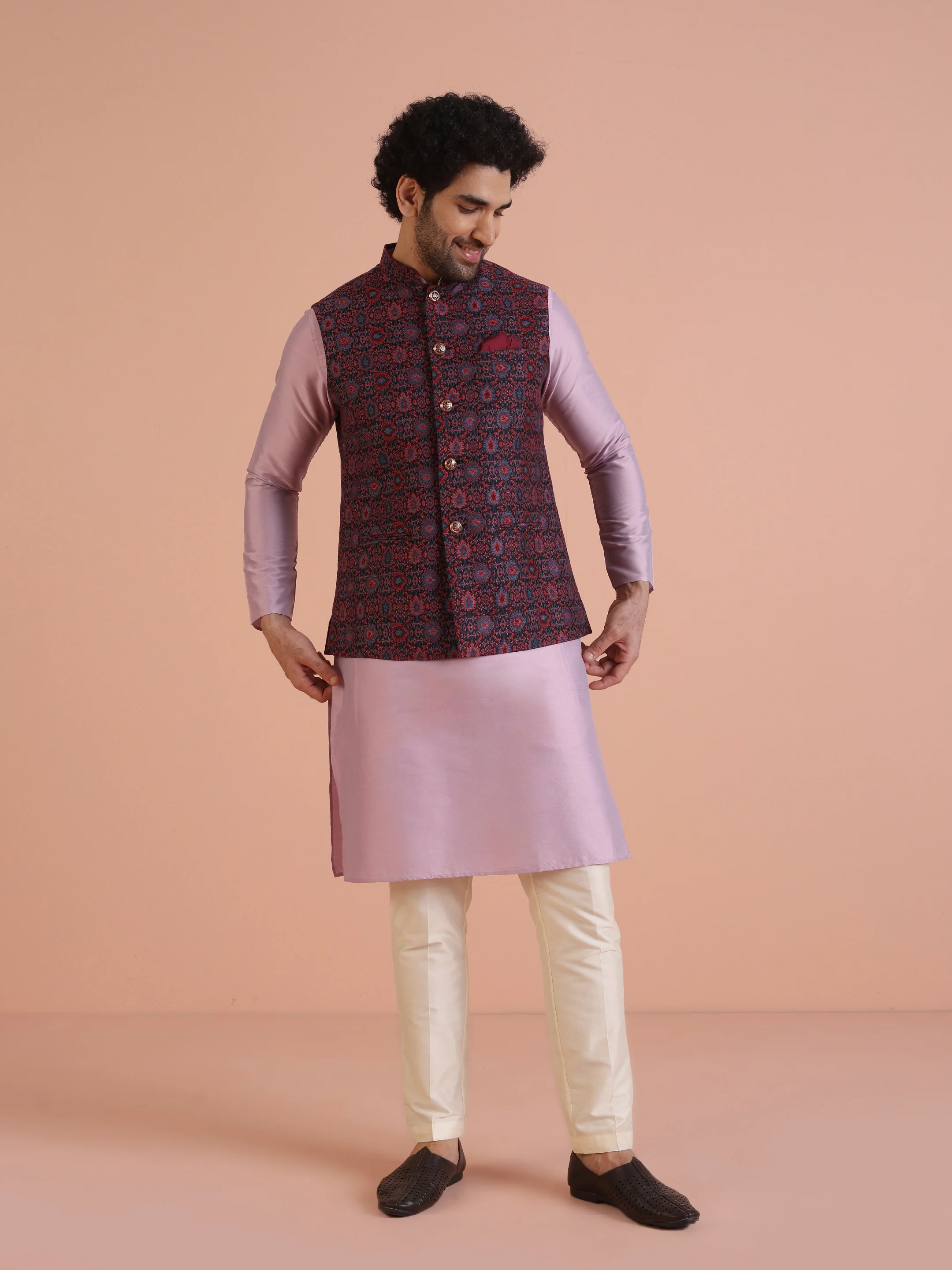Multi-Coloured Textured Nehru Jacket Kurta Trouser - Image 9
