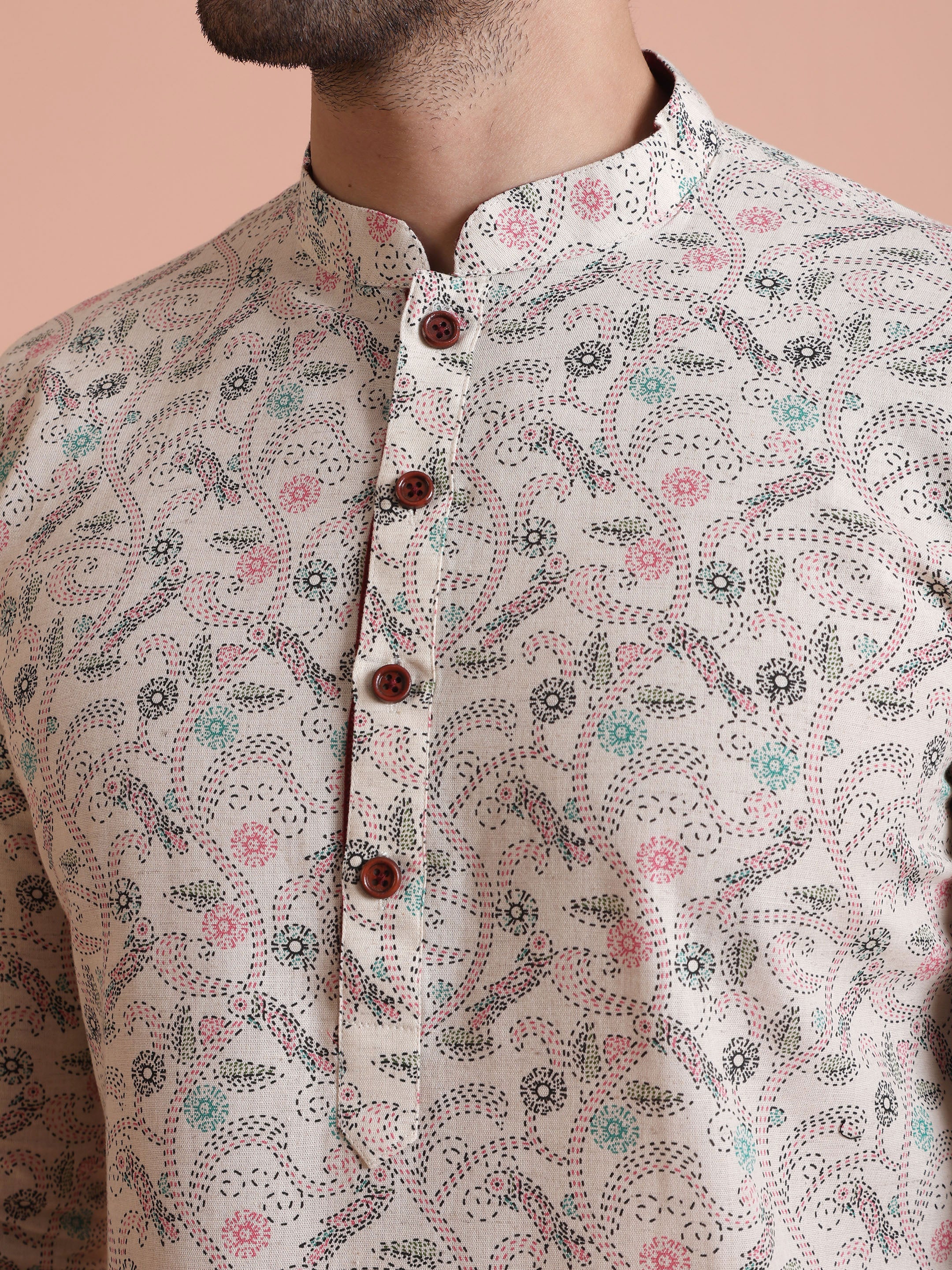 Men Off White Floral Printed Kurta Churidar Set – Classic Festive Wear - Image 5