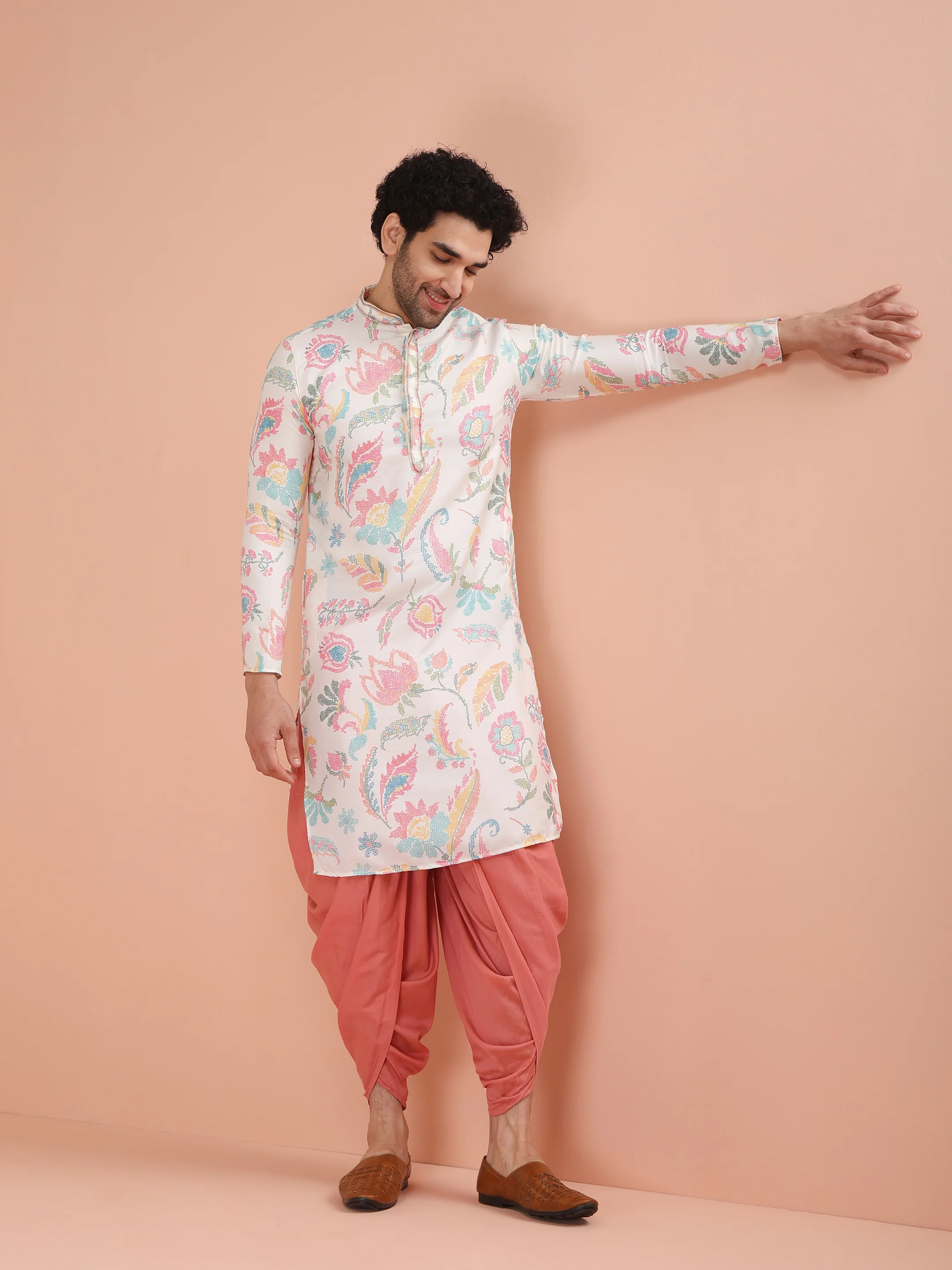 White Silk Blend Multi-Color Printed Kurta Dhoti Set - Image 4