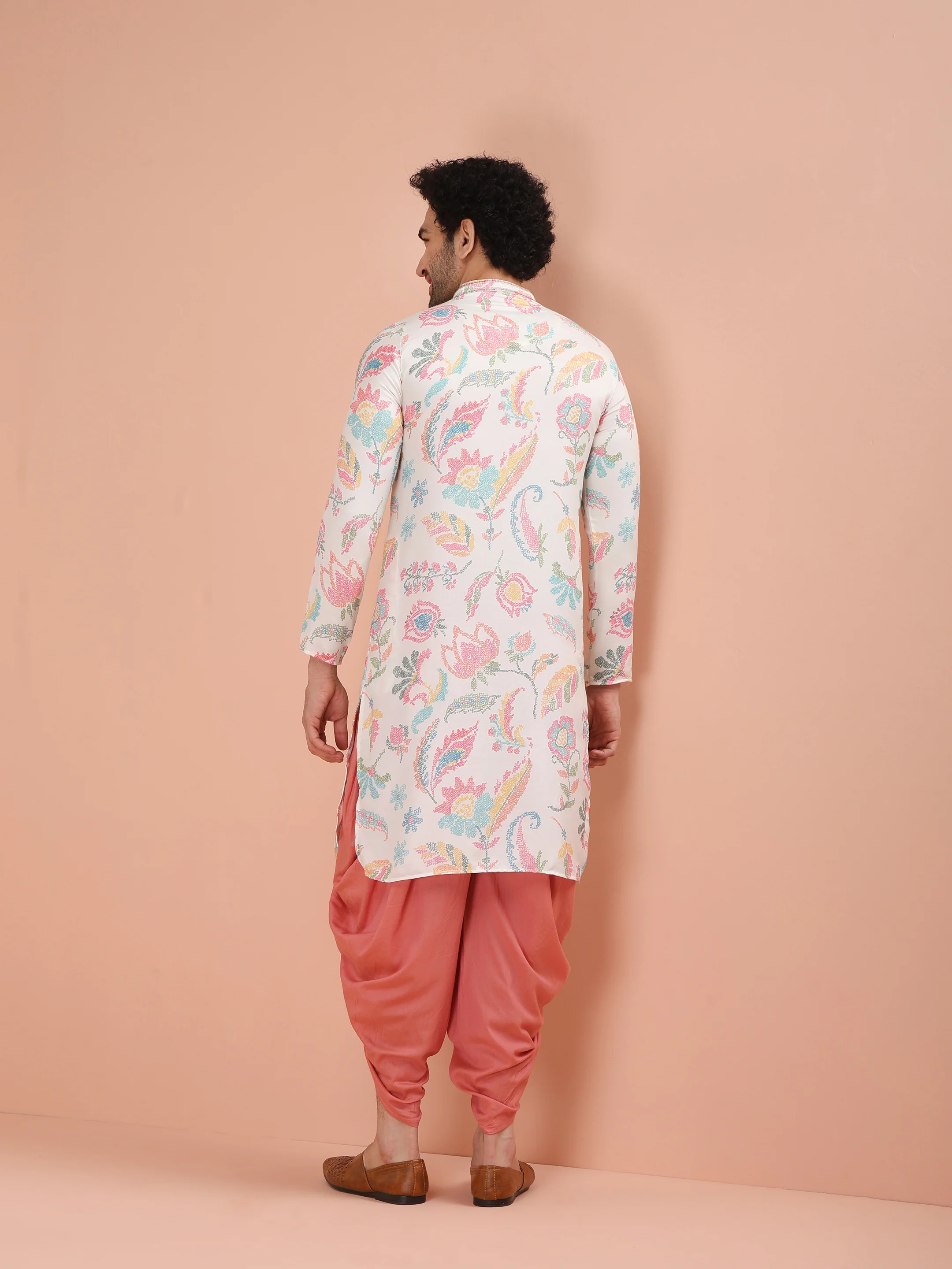 White Silk Blend Multi-Color Printed Kurta Dhoti Set - Image 5