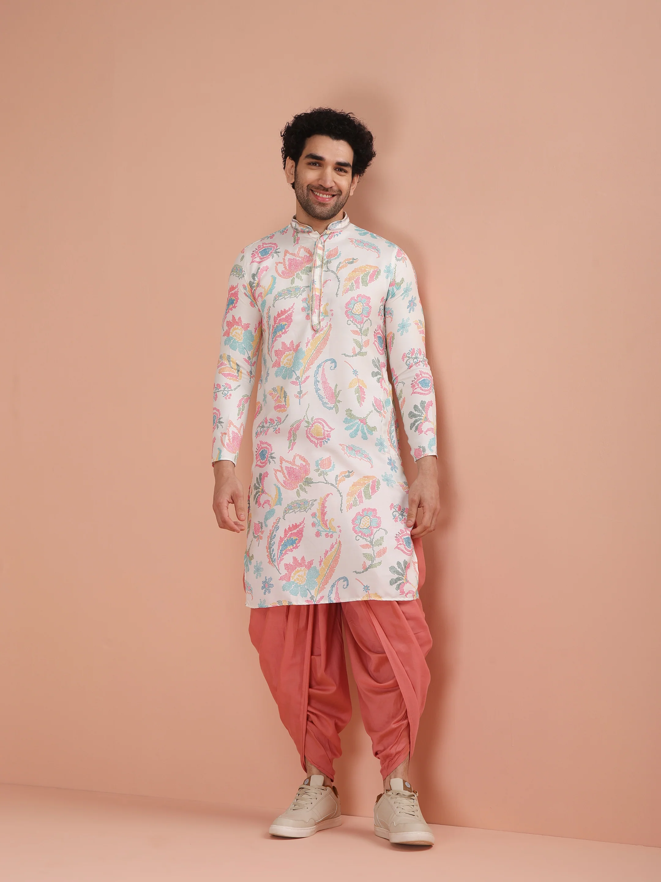 White Silk Blend Multi-Color Printed Kurta Dhoti Set - Image 7