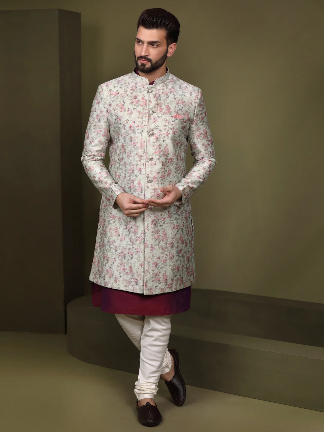 Ivory Silk Blend Indo-Western Sherwani Jacket with Floral Jacquard Design â€“ Wedding & Reception Outfit - Image 3