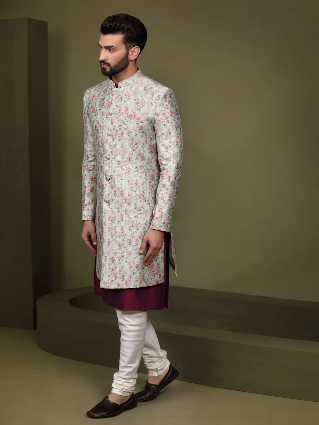 Ivory Silk Blend Indo-Western Sherwani Jacket with Floral Jacquard Design â€“ Wedding & Reception Outfit - Image 4